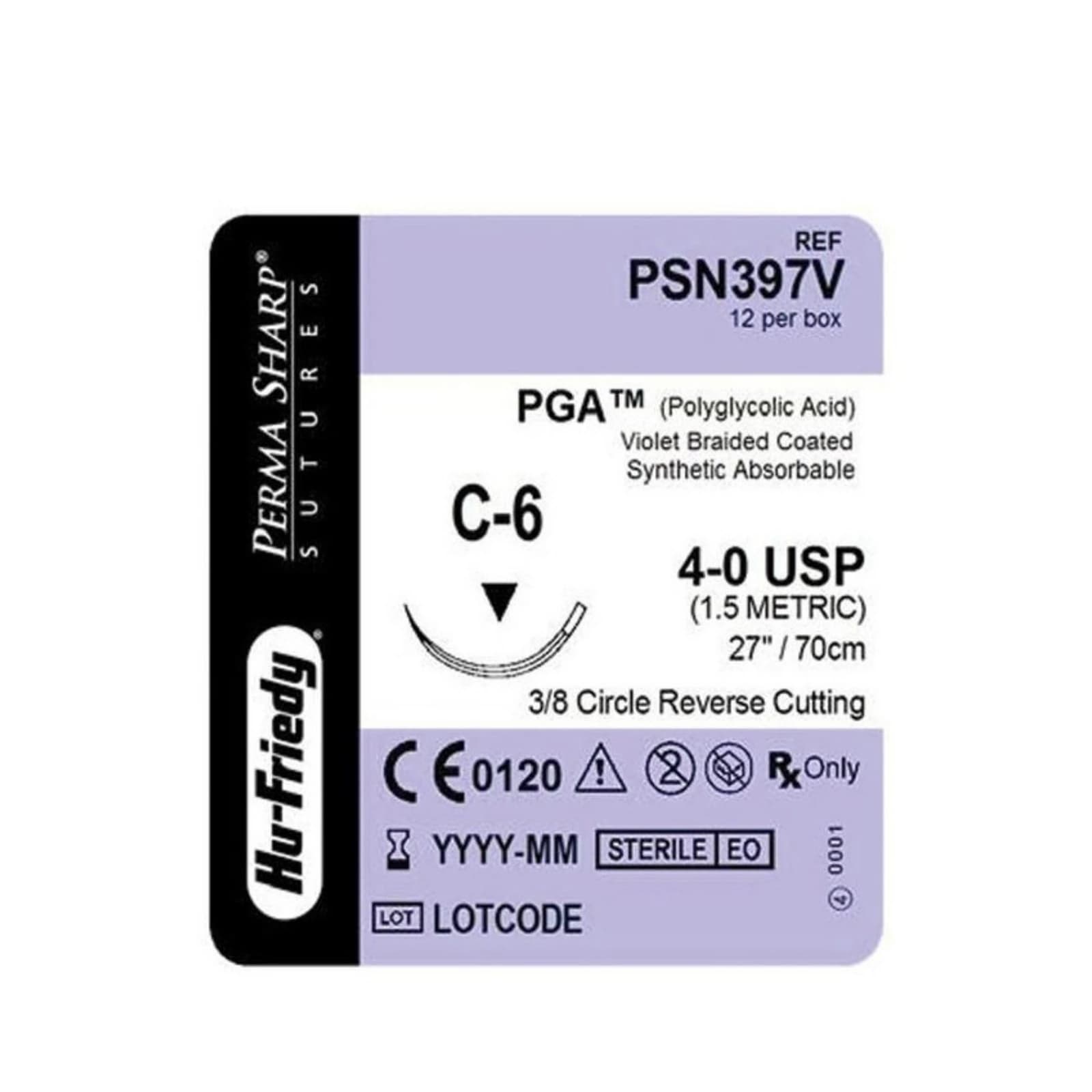 Hu-Friedy Perma Sharp PGA Absorbable Suture, 4-0, Violet, C-6 Reverse Cutting Needle, 3/8 Circle, 27", 12/Box, PSN397V thumbnail 6