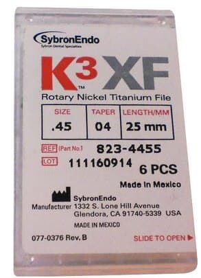 K3XF NiTi Rotary File, #45, .04 Taper, 25 mm, White, 6/Pk, 823-4455 thumbnail 10