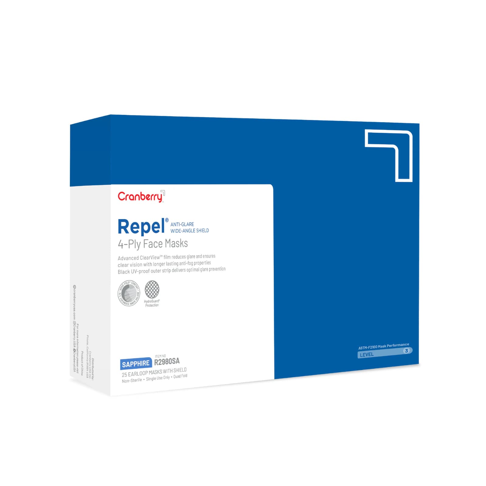 Cranberry Repel 4-Ply Anti-Glare Wide-Angle Shield Earloop Face Mask, ASTM Level 3, Sapphire, 25/Box, R2980SA thumbnail 8