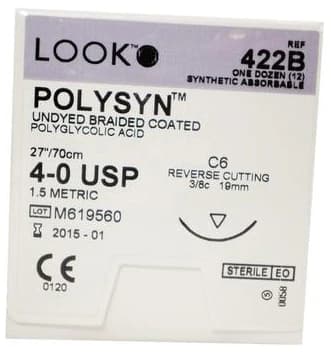 Look PolySyn Polyglycolic Acid Absorbable Suture, Undyed Braided, 4-0, 27", C-6 Reverse Cutting Needle, 3/8 Circle, 12/Box, 422B thumbnail 6