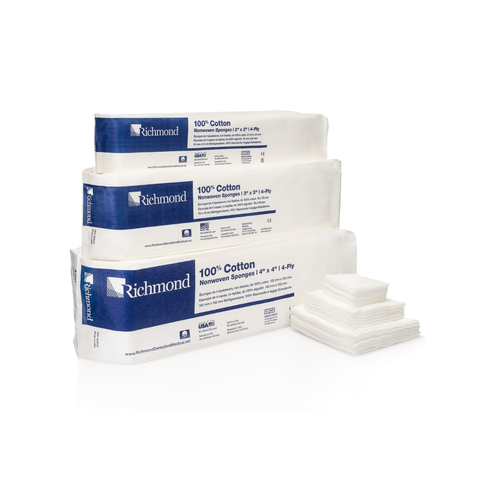 Richmond 100% Cotton Non-Woven Sponges, 4-Ply, Non-Sterile, 2" x 2", 5000/Case, 300631 thumbnail 3