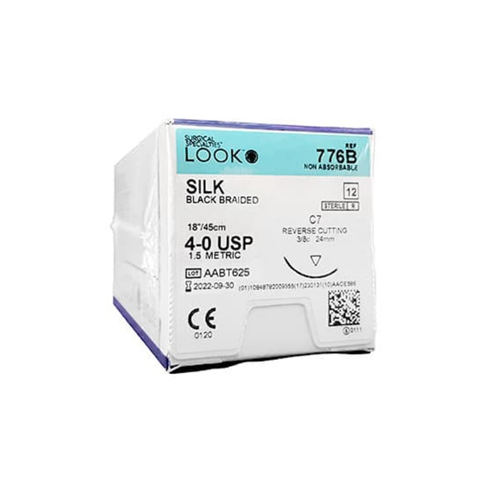 Look 776B Silk Suture, Black Braided, 4-0, 18" (45 cm), C7 Reverse Cutting Needle (3/8 Circle, 24 mm), Non-Sterile, 12/Box thumbnail 3