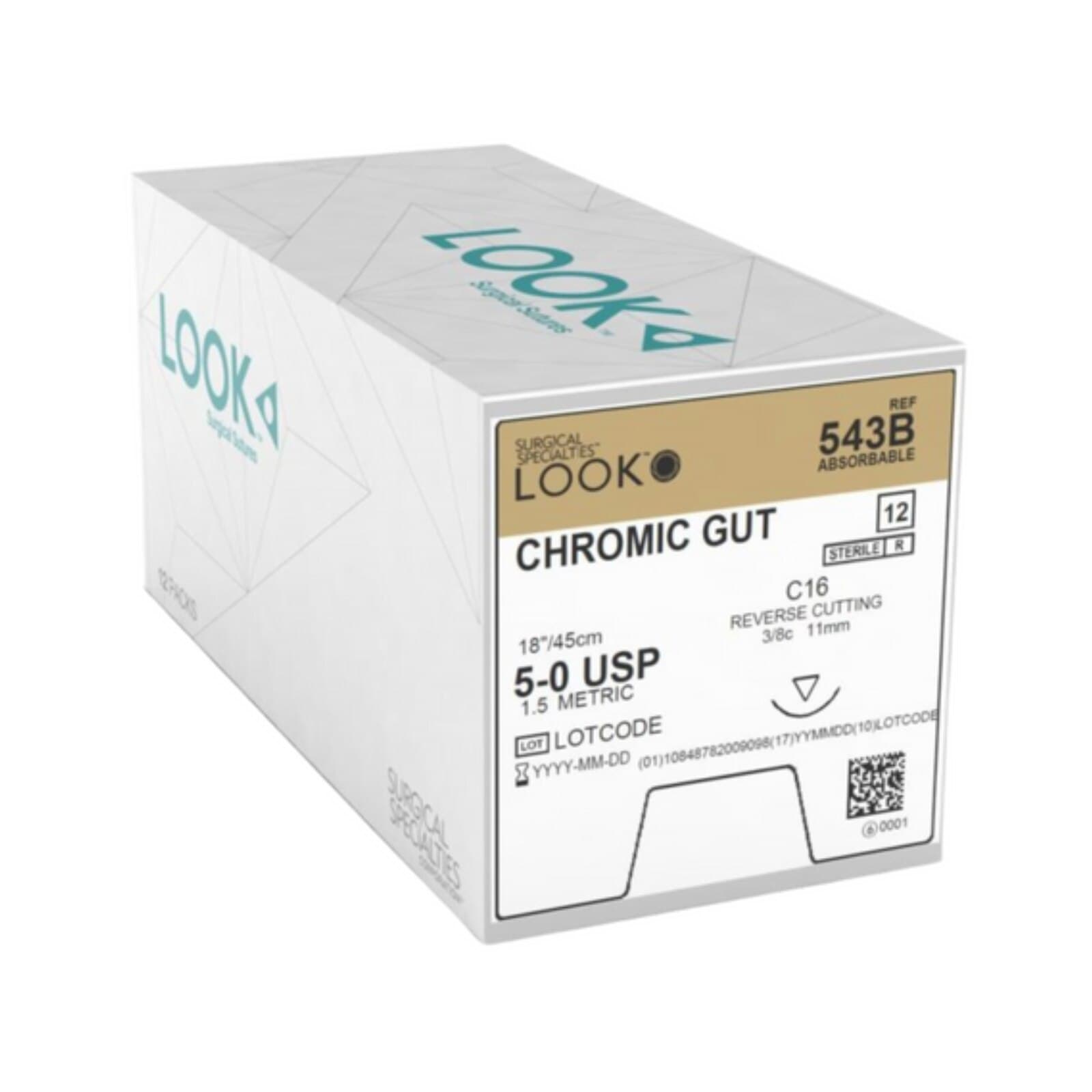 Look 543B Chromic Gut Suture, 5-0, 18" (45 cm), C-16 Reverse Cutting Needle, 3/8 Circle, 11 mm, Undyed, 12/Box thumbnail 2