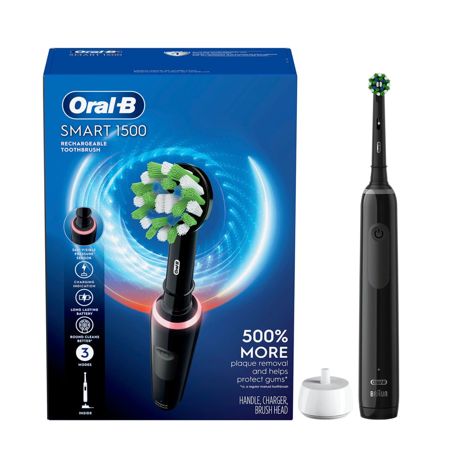 Oral-B Smart 1500 Electric Rechargeable Toothbrush, Black, 3/Case, Includes Handle, Charger, and 1 CrossAction Brush Head thumbnail 4
