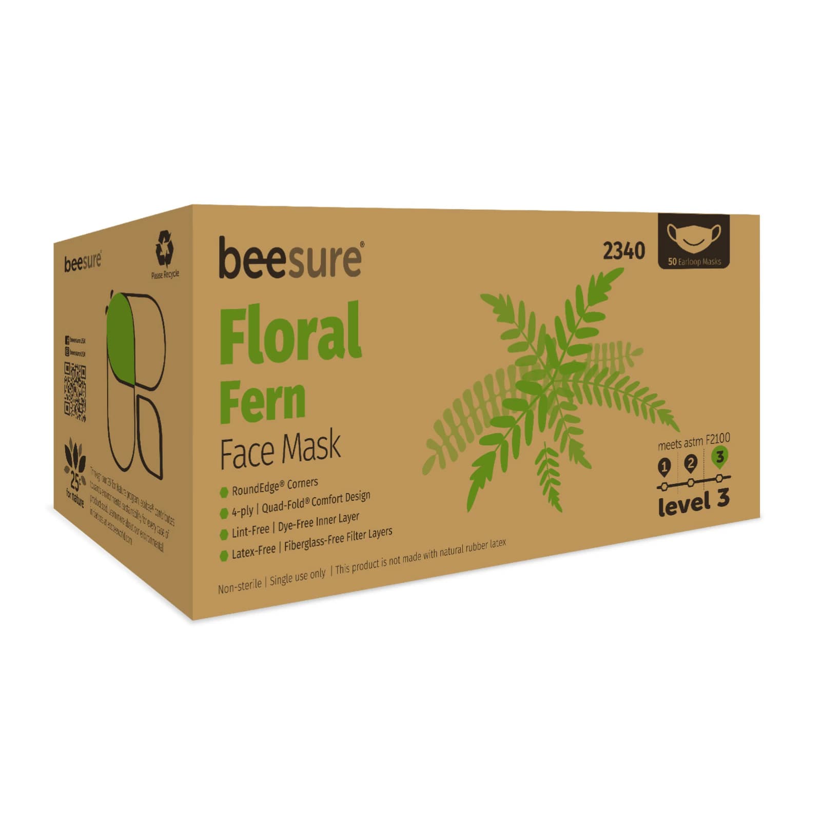 BeeSure Floral Design Earloop Face Mask, Fern, ASTM Level 3, 50/Box thumbnail 2