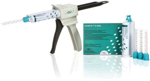GC America Exabite II NDS Bite Registration Vinyl Polysiloxane (VPS) Creme, Fast Set, Aqua, 48 mL Cartridges, 2/Pack, 12 Mixing Tips, #132412 thumbnail 2