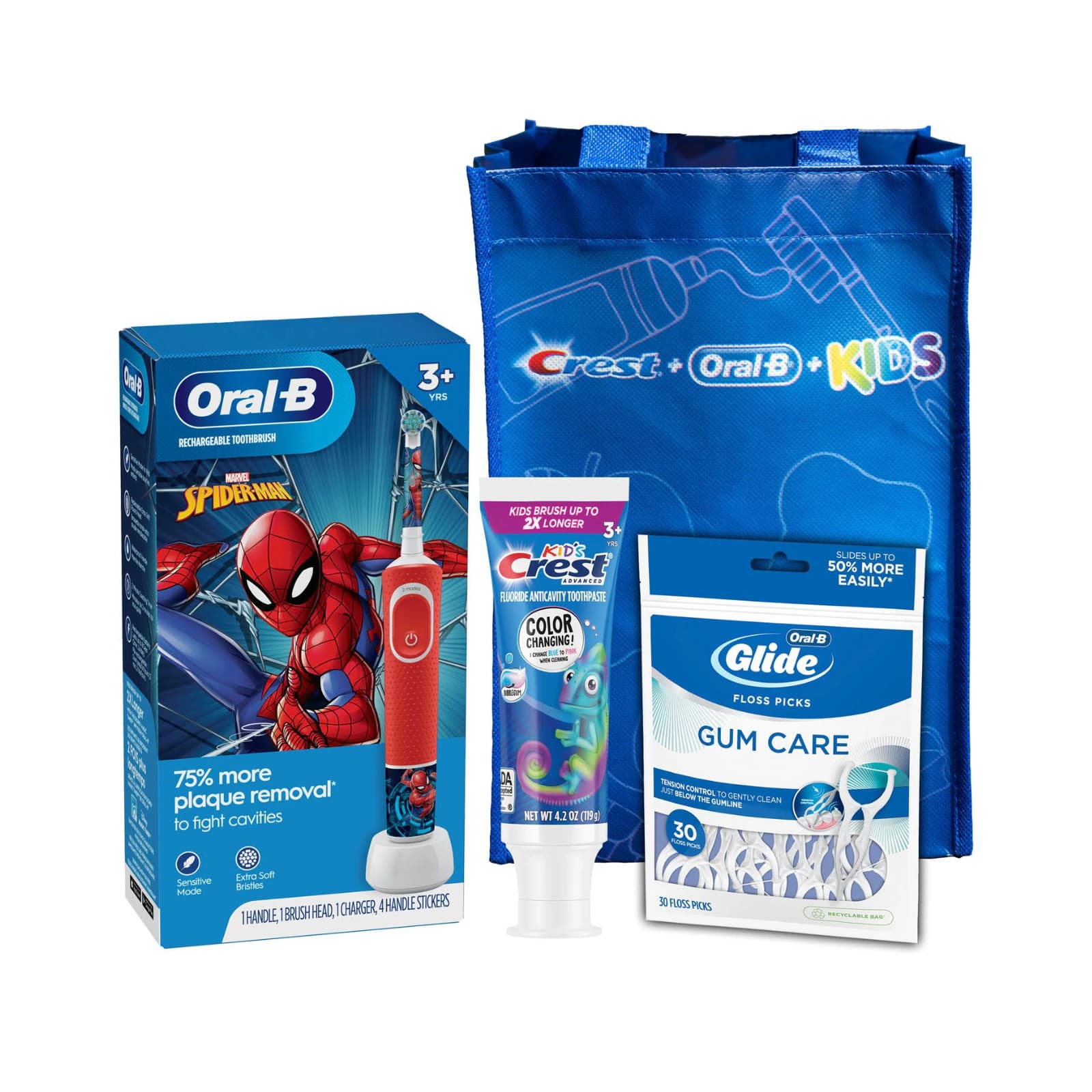 Oral-B Kids 3+ Marvel Spider-Man Rechargeable Electric Toothbrush System Bundle with Crest Kids Advanced Color Changing Toothpaste, Bubble Gum (4.2 oz), Oral-B Glide Gum Care Floss Picks (30 ct), and Free Kids Bag, Case of 3 thumbnail 3