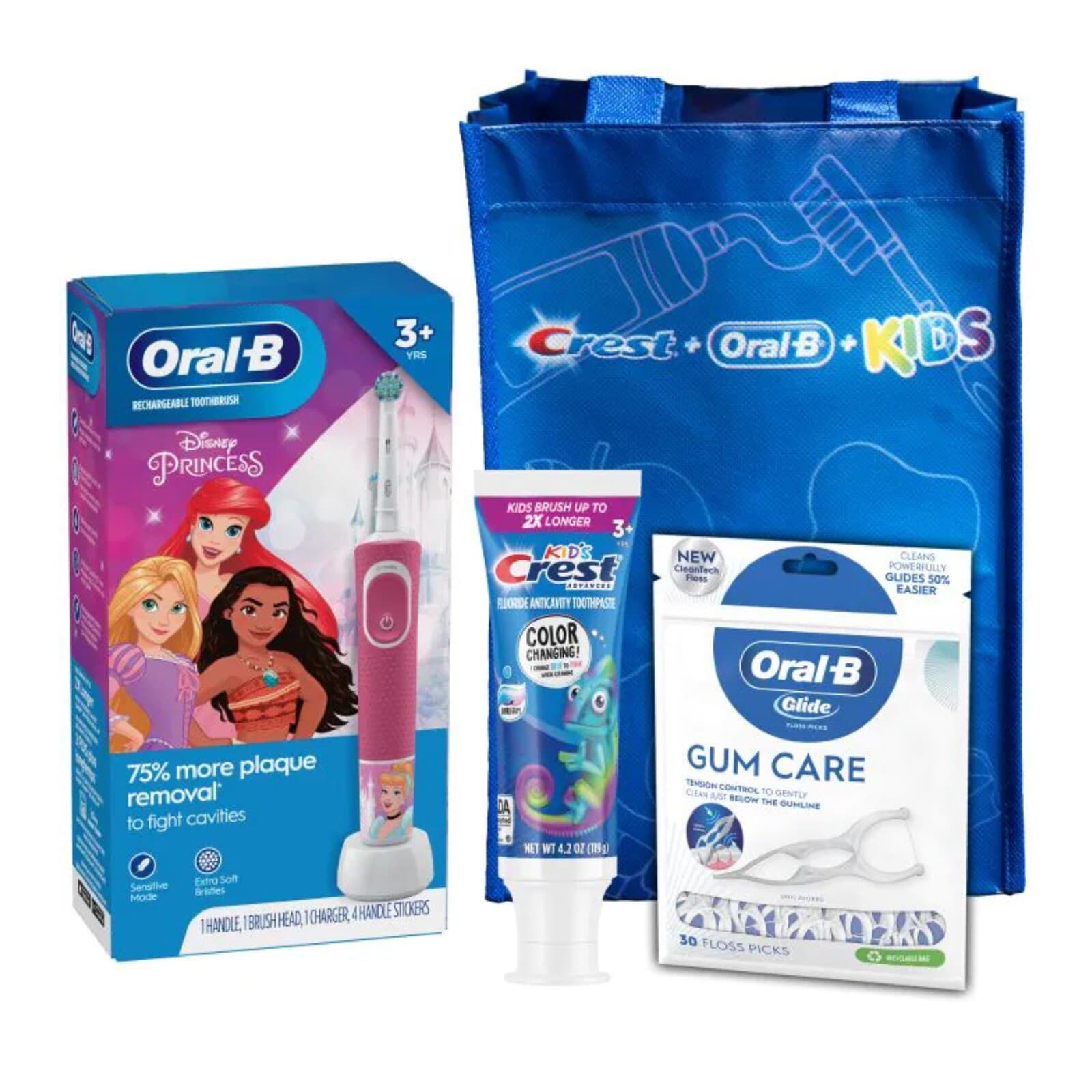 Oral-B Kids 3+ Electric Toothbrush Bundle (Disney Princess Moana), Crest Kids Advanced Color Changing Toothpaste Bubble Gum 4.2 oz, Oral-B Glide Gum Care Floss Picks 30 ct, FREE Kids Bag, 3/Case (Old #s 80347216, 83529416) thumbnail 3