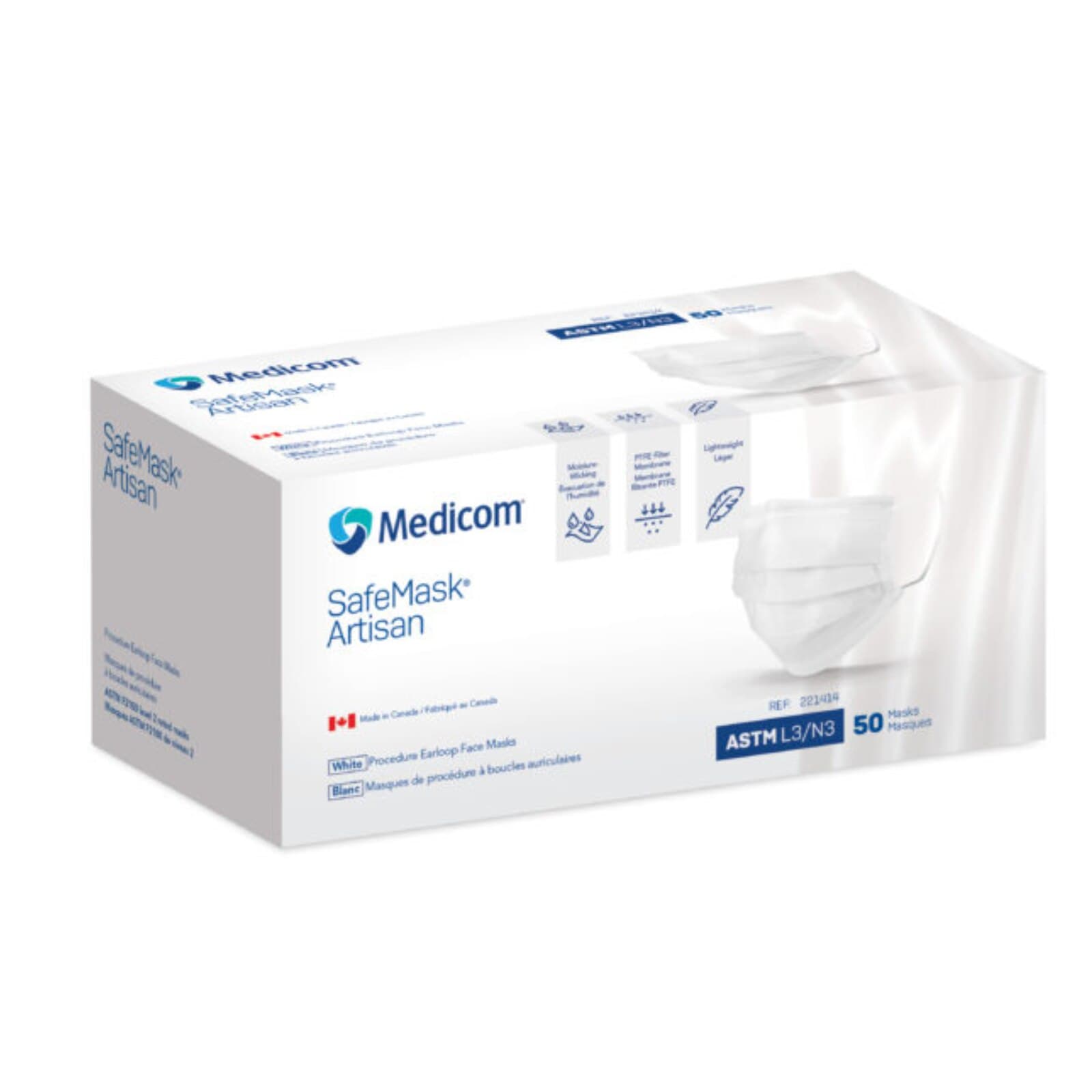 Medicom SafeMask Artisan Earloop Face Mask, ASTM Level 3, White, 50/Box, 221414 thumbnail 3