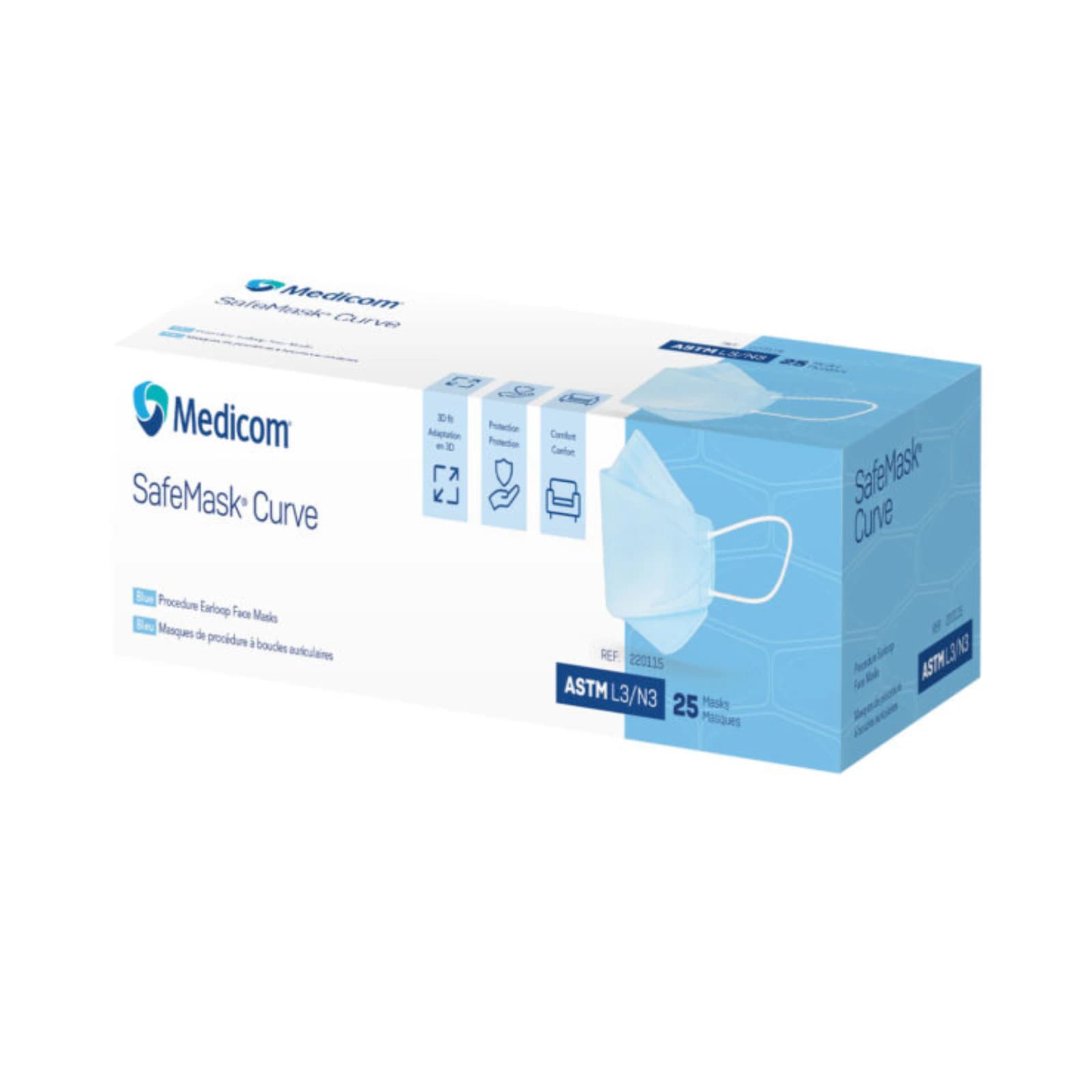 Medicom SafeMask Curve ASTM Level 3 Earloop Face Mask, Blue, 25/Box, 220115 thumbnail 2