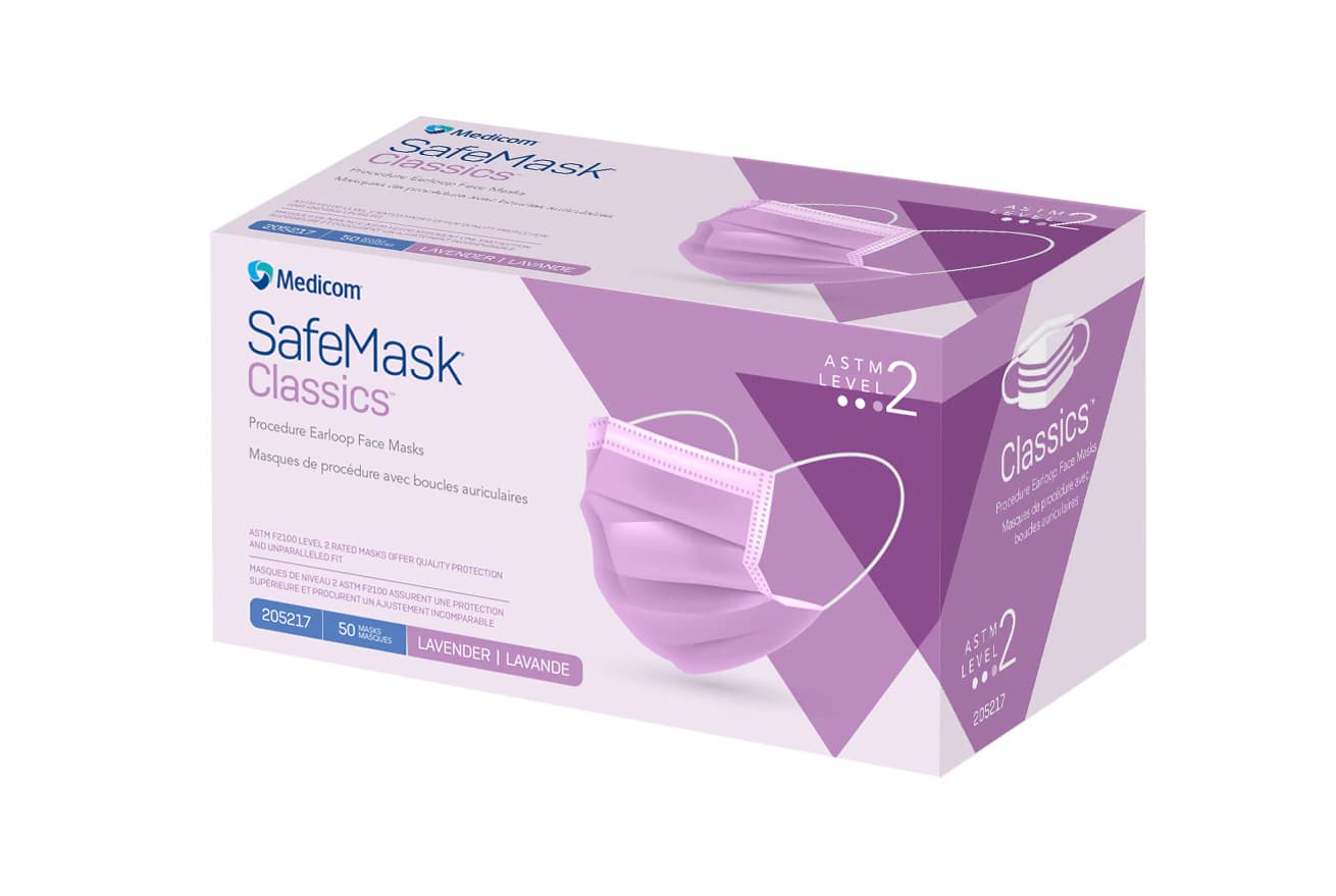 SafeMask Classics Procedure Face Mask, ASTM Level 2, Earloop, Lavender, 50/Box, 205217 thumbnail 2