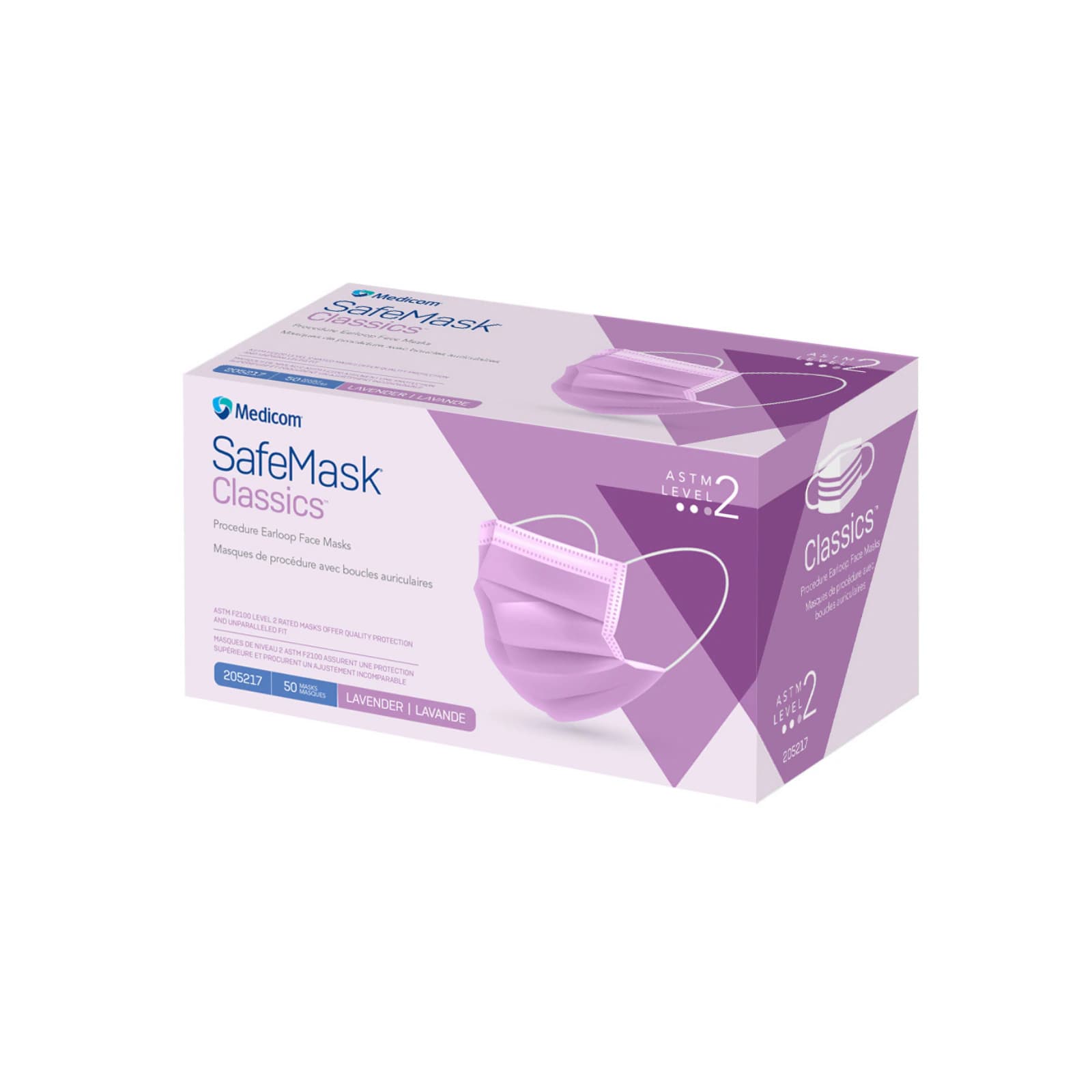 SafeMask Classics Procedure Face Mask, ASTM Level 2, Earloop, Lavender, 50/Box, 205217 thumbnail 3
