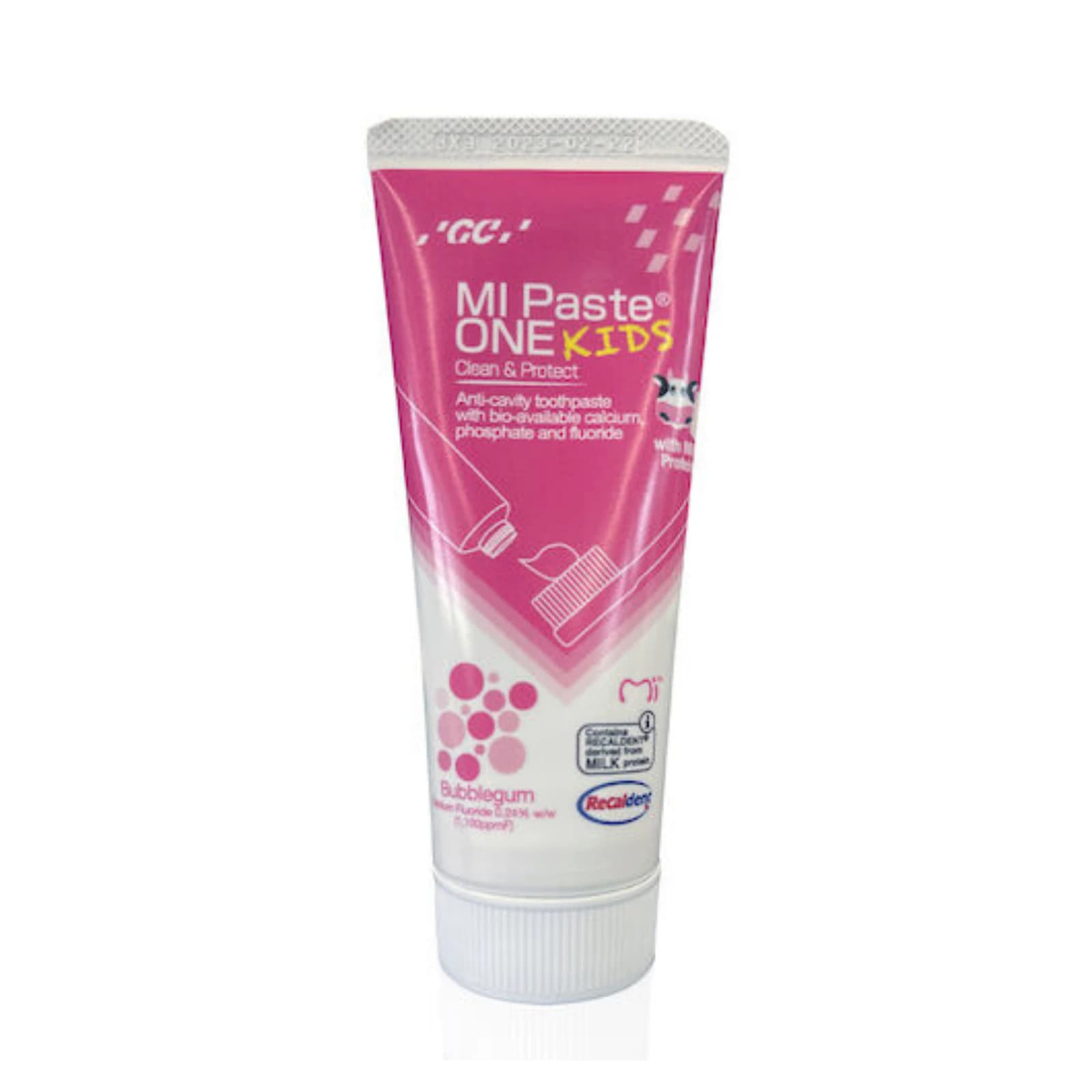 GC America MI Paste ONE Kids Toothpaste, Bubblegum, 0.2% Sodium Fluoride, 46g (35mL) Tube, 10/Box, 437150 thumbnail 2