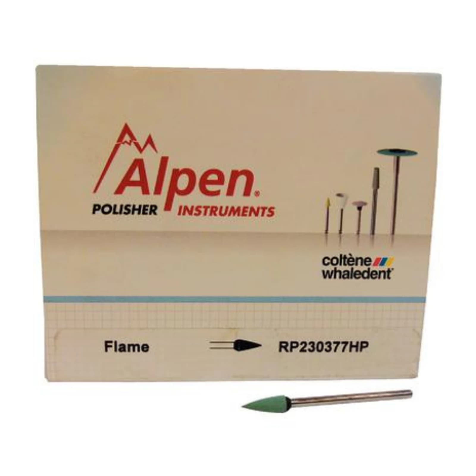 Coltene Alpen CAD/CAM Restoration+ Polisher, Flame Shape, Medium Grit, HP Shank, 5/Pk, 230377HP - Alpen CAD/CAM Restoration+ Polishers 230377HP 5/Pk - Image 1