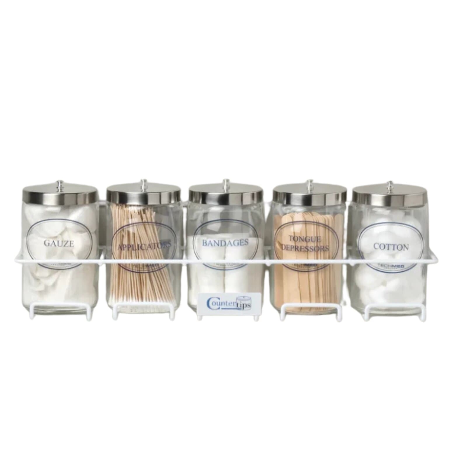 Dukal Glass Sundry Jars, Flint Glass with Blue Imprint and Stainless Steel Lids, 7"H x 4 1/4"Dia, Set of 5 Labeled Jars, 4010 thumbnail 2