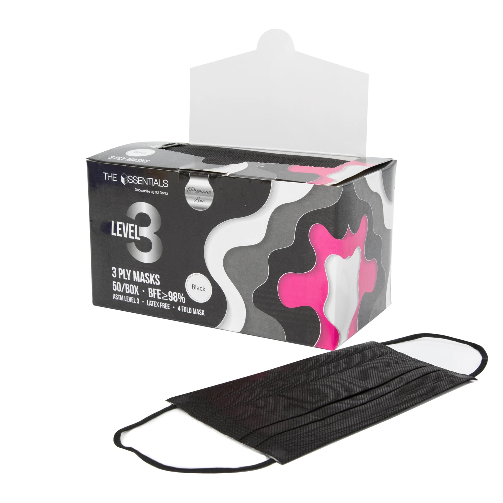 Essentials Earloop Premium Face Mask ASTM Level 3, Black, 50/Box - Essentials Earloop Premium Face Mask ASTM Level 3 Black Box of 50 - Image 1