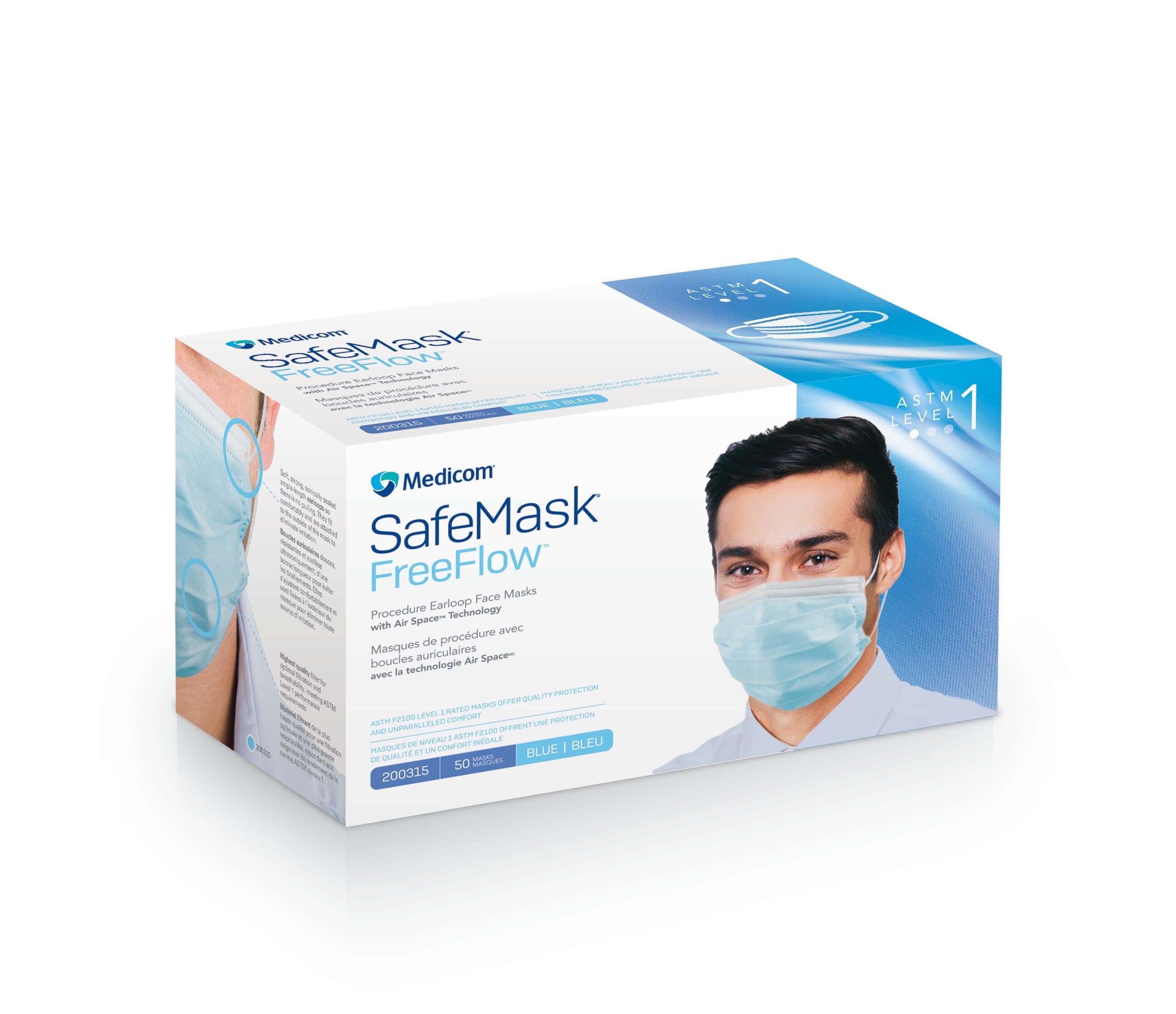 Medicom SafeMask FreeFlow ASTM Level 1 Procedure Face Mask, Blue, 50/Box, 200315 thumbnail 3