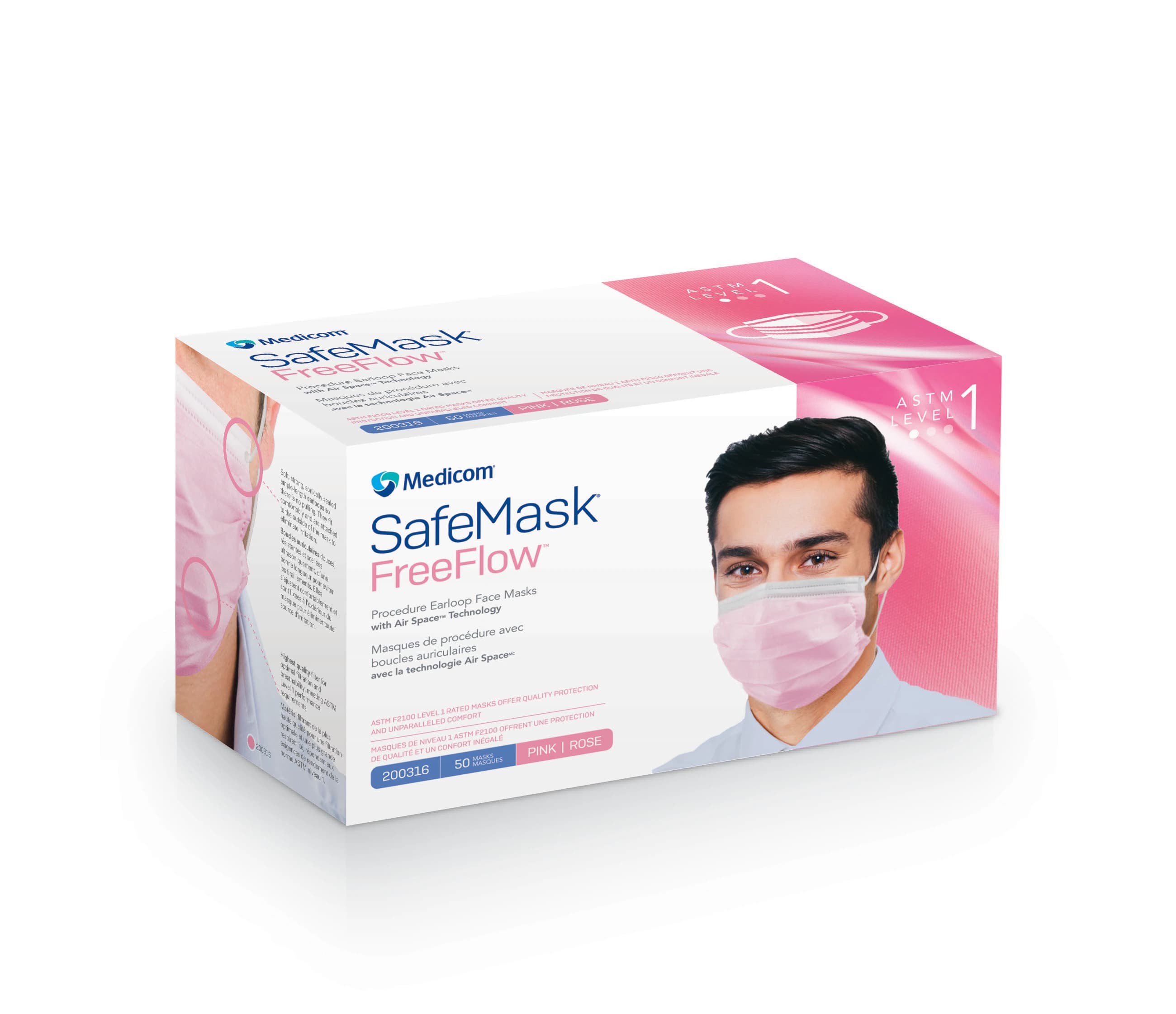 Medicom SafeMask FreeFlow Procedure Face Mask, ASTM Level 1, Pink, Ear Loop, 50/Box thumbnail 12