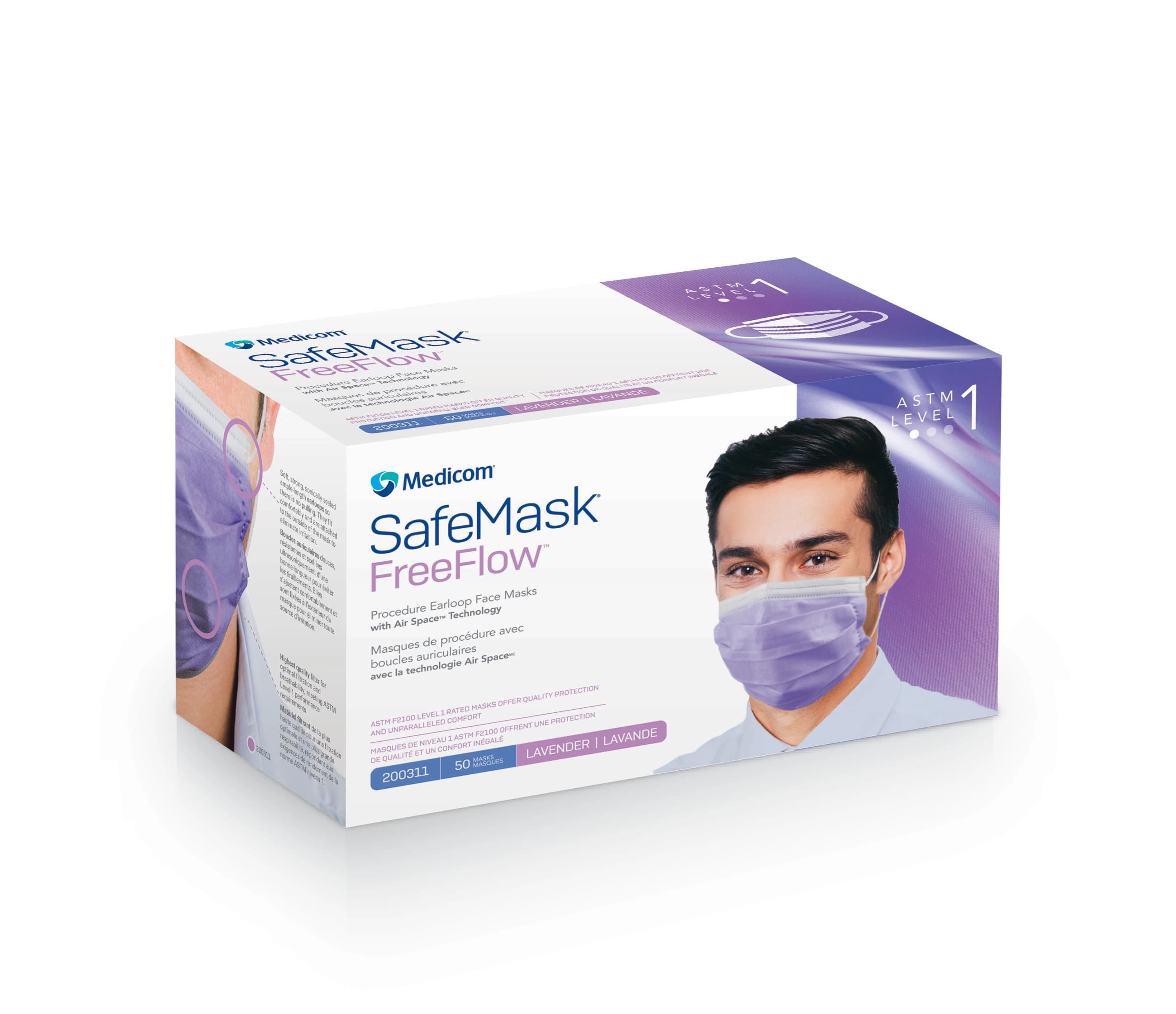 Medicom SafeMask FreeFlow Procedure Face Mask, ASTM Level 1, Lavender, Ear Loop, 50/Box thumbnail 12