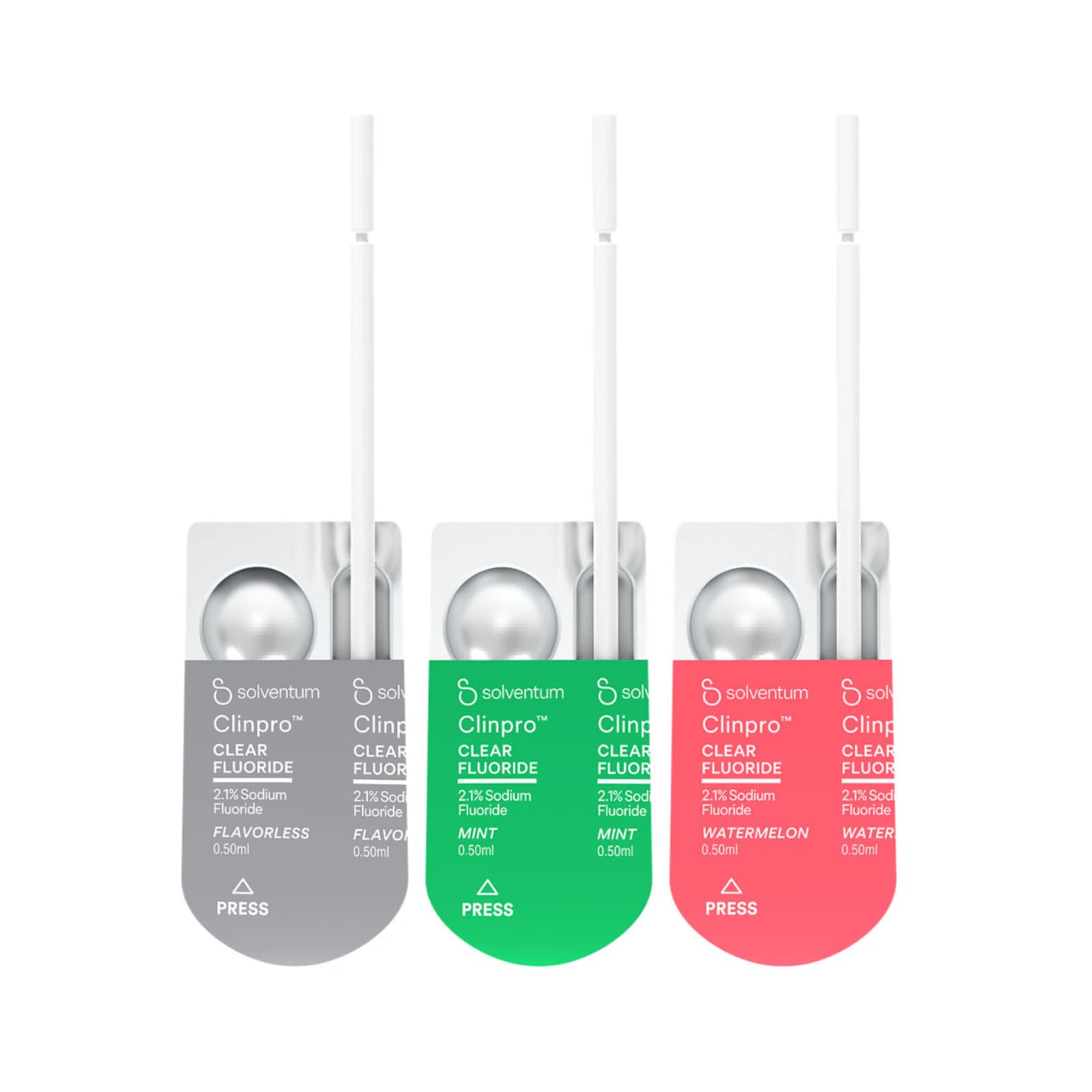 Clinpro Clear Fluoride Treatment, 0.5 mL Unit-Dose Syringes, Assorted Flavors (300 Flavorless, 300 Watermelon, 200 Mint), 800/Kit - Clinpro Clear Fluoride Treatment 0.5mL 800/Kit Assorted - Image 1