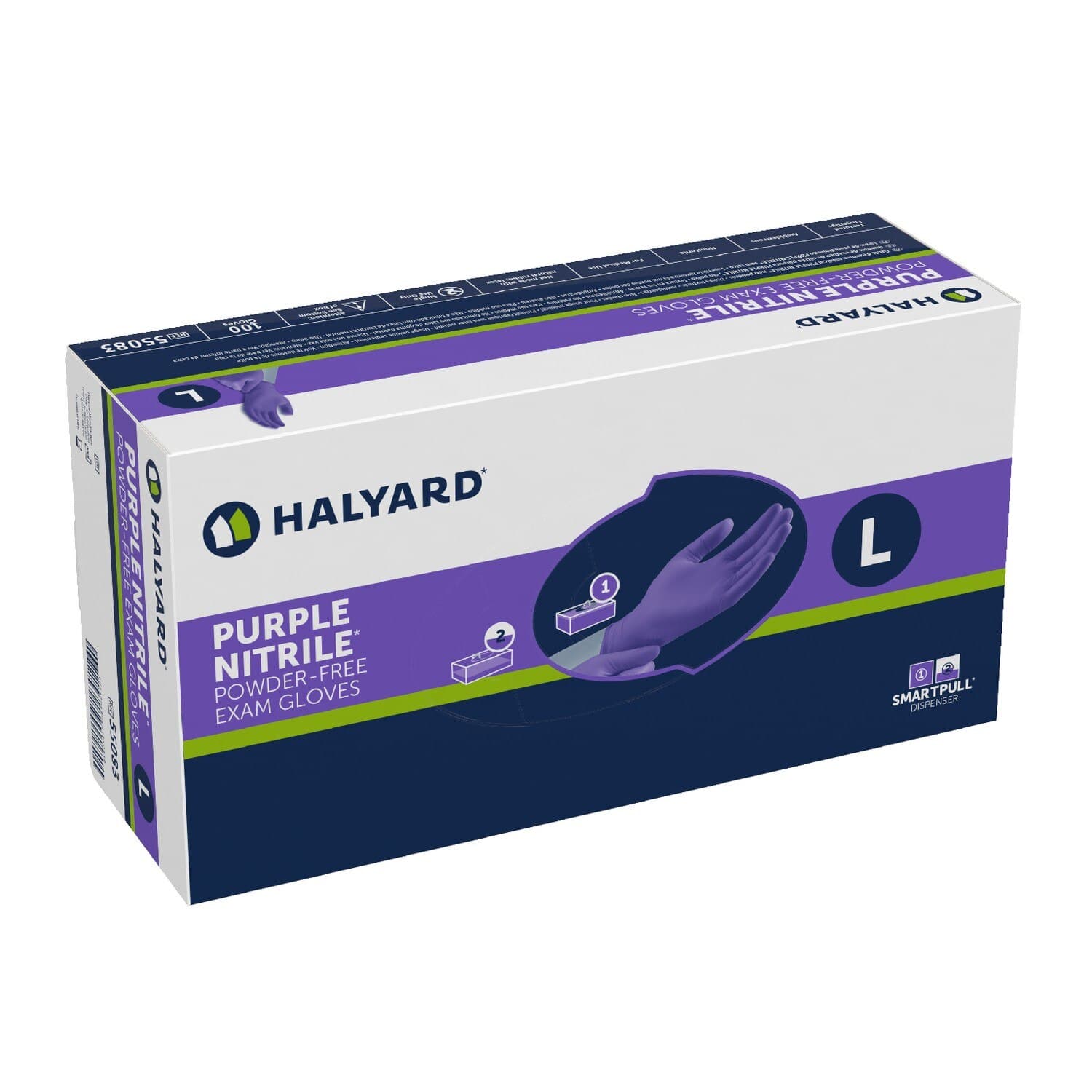 Halyard Purple Nitrile Powder-Free Exam Gloves, Non-Sterile, Large, 9.5" Length, Textured Fingertips, 100/Box, 55083 thumbnail 2