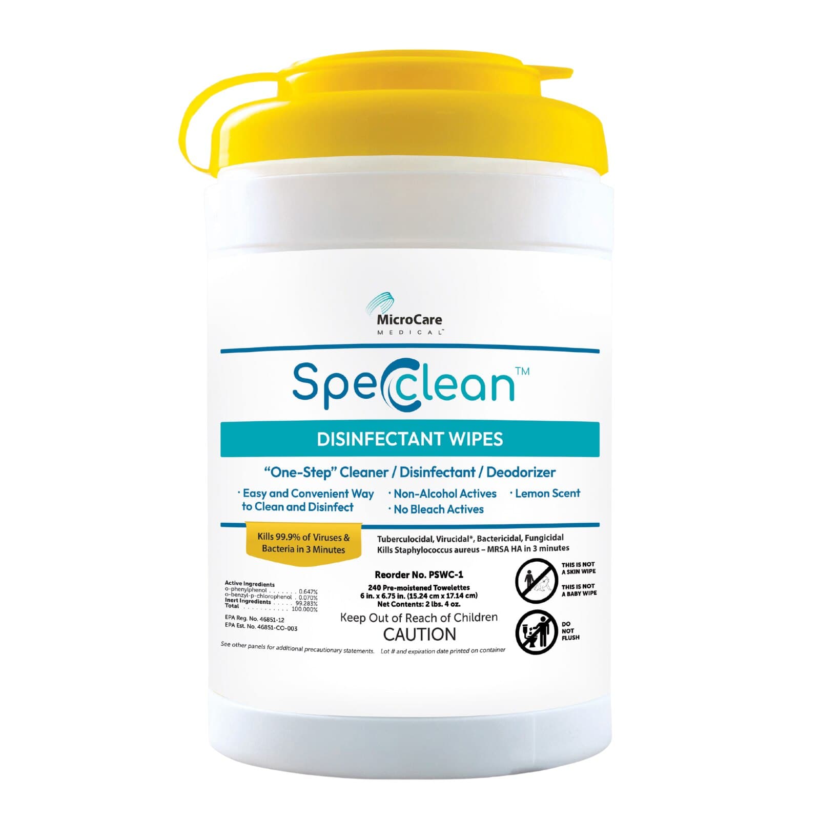 Spec Clean Disinfectant Wipes, Canister, 6" x 6.75", 240 Wipes, Lemon Scented, PSWC-1 thumbnail 2