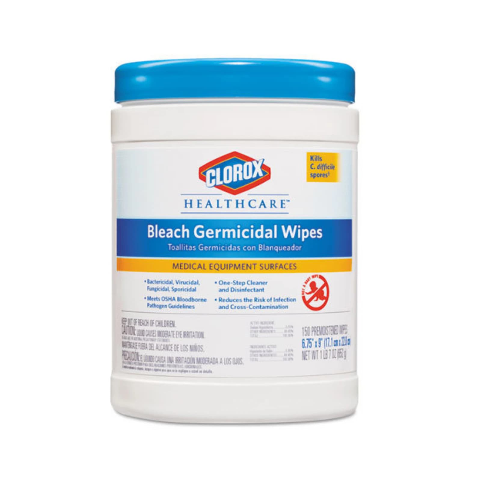Clorox Healthcare Bleach Germicidal Wipes, 6" x 5", 150 Wipes/Can thumbnail 2