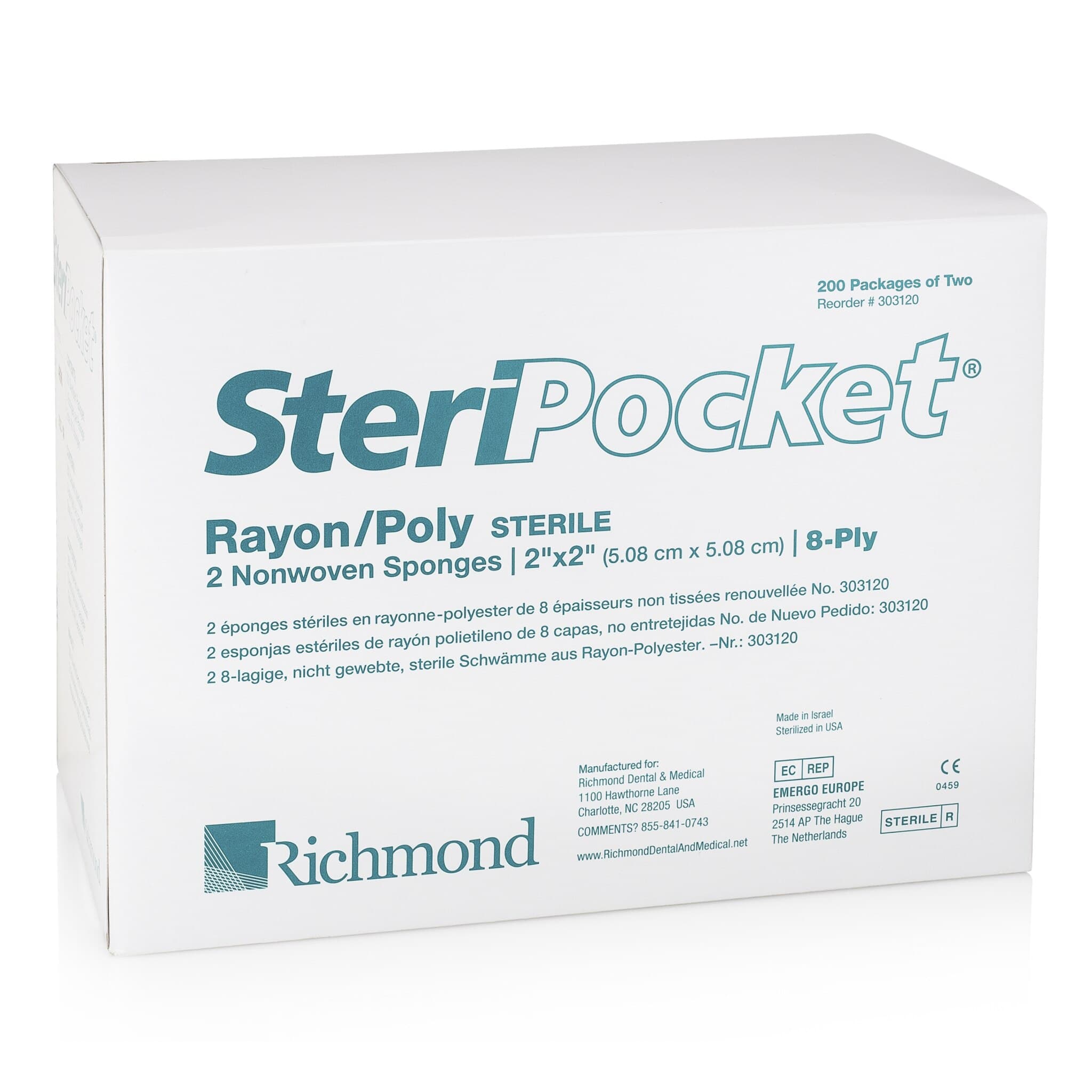 Richmond Dental SteriPocket Rayon/Poly Non-Woven Sponges, Sterile, 8-Ply, 2" x 2", 2/Pk, 200 Packs/Box, 303120 thumbnail 3