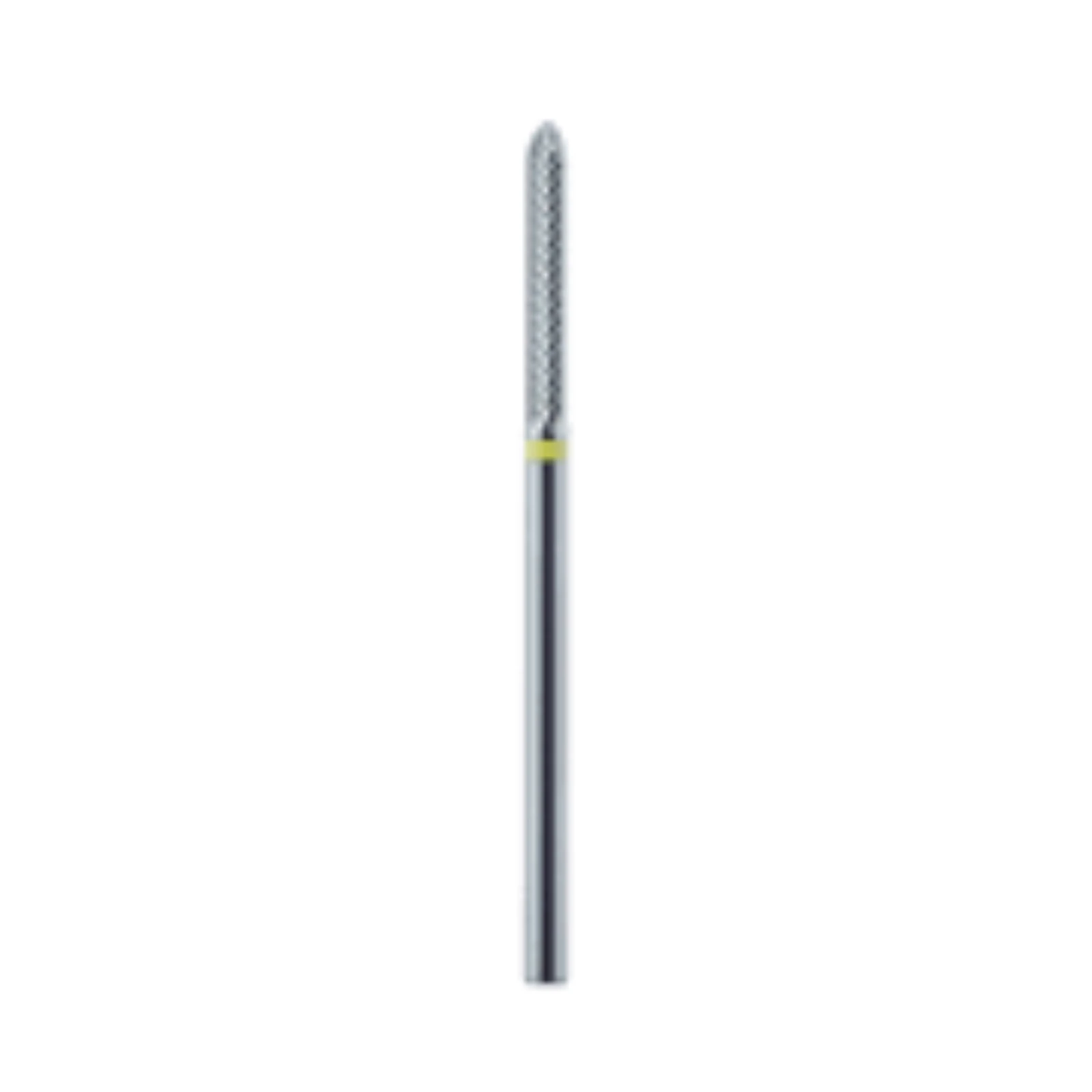 Meisinger Tungsten Carbide Cutter, X-Cut Extra Fine, Yellow Ring, Torpedo Bevel, HP, 2.3mm Diameter, 14.0mm Head Length, HM487EX-023 thumbnail 2
