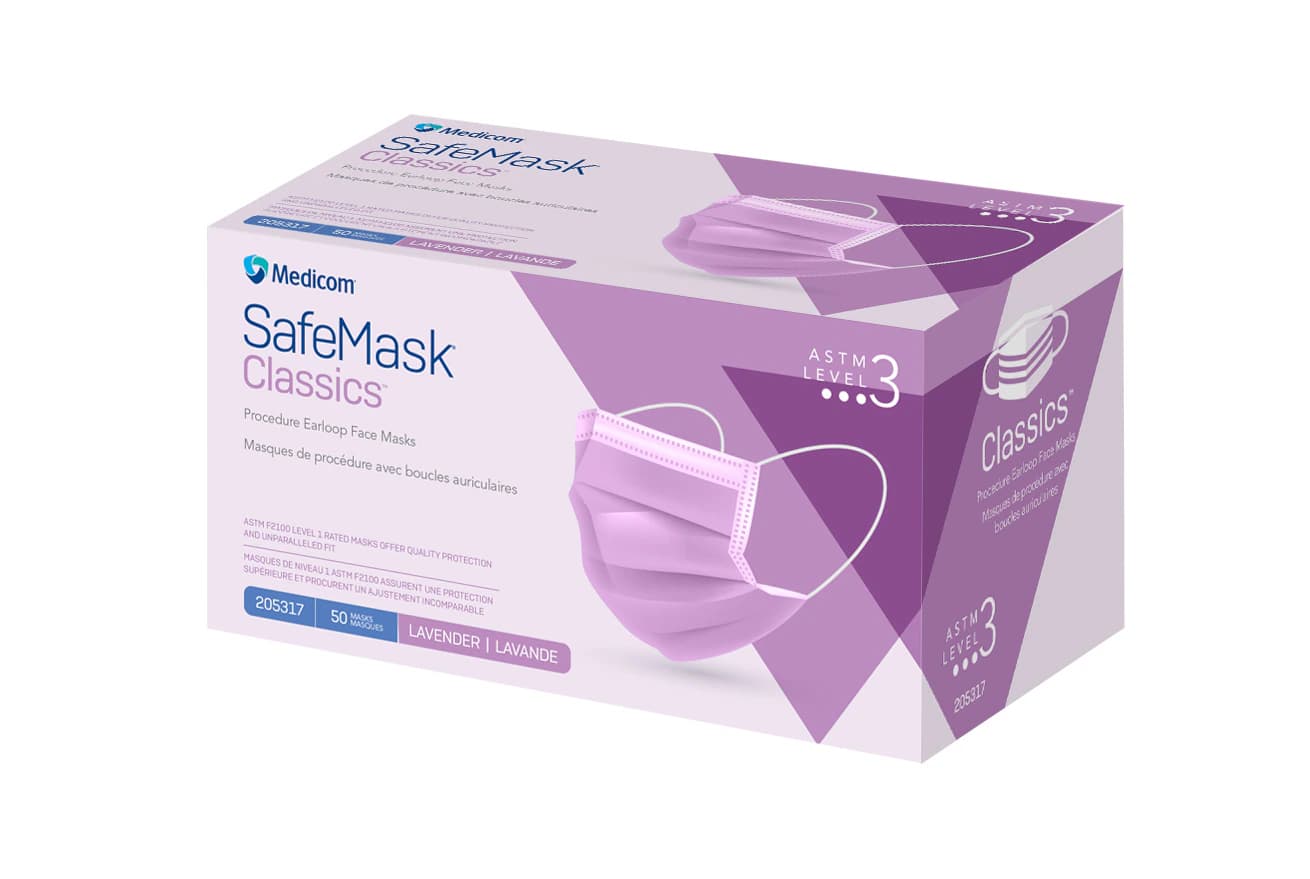 Medicom SafeMask Classics Earloop Face Mask, ASTM Level 3, Lavender, 50/Box, 205317 thumbnail 7