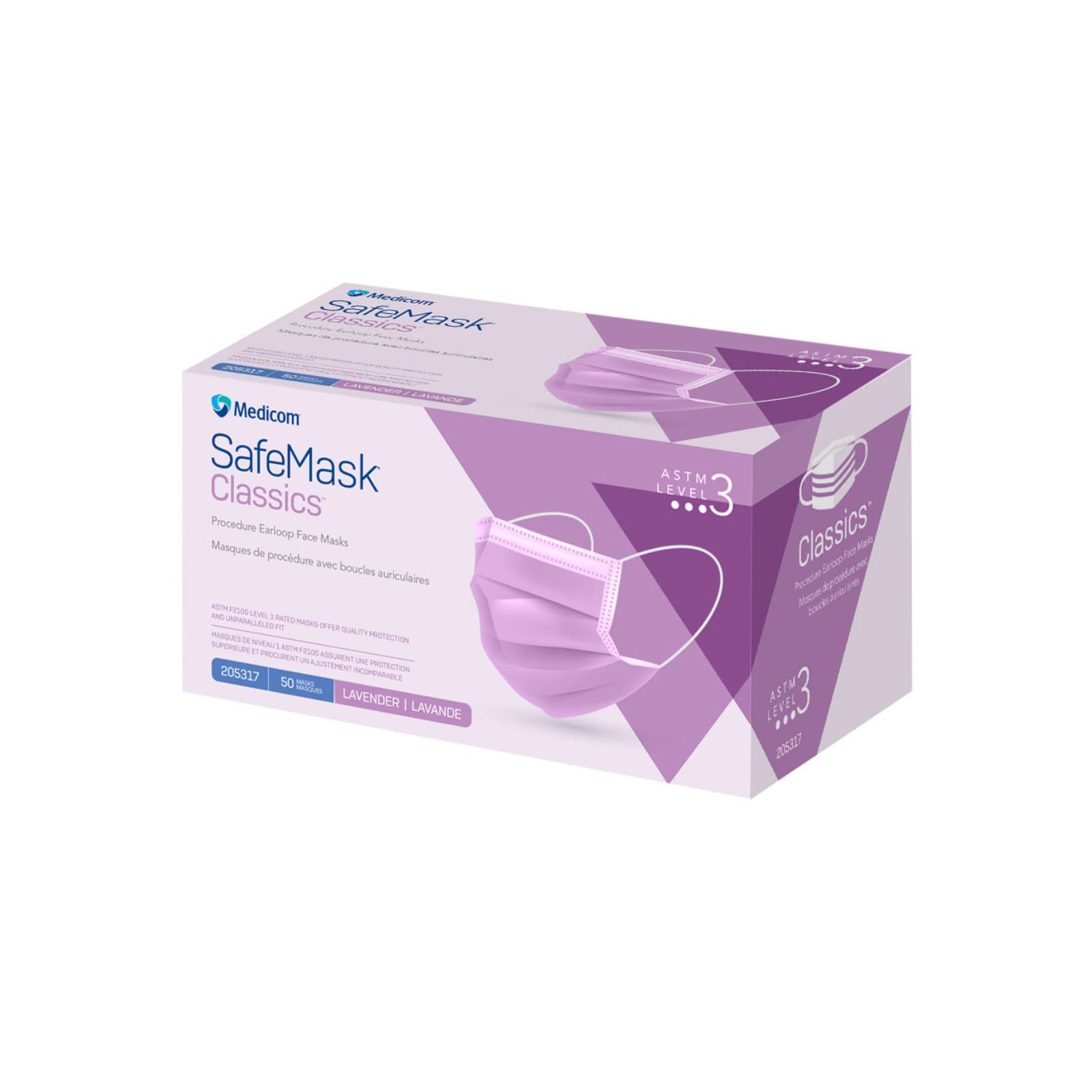 Medicom SafeMask Classics Earloop Face Mask, ASTM Level 3, Lavender, 50/Box, 205317 thumbnail 8