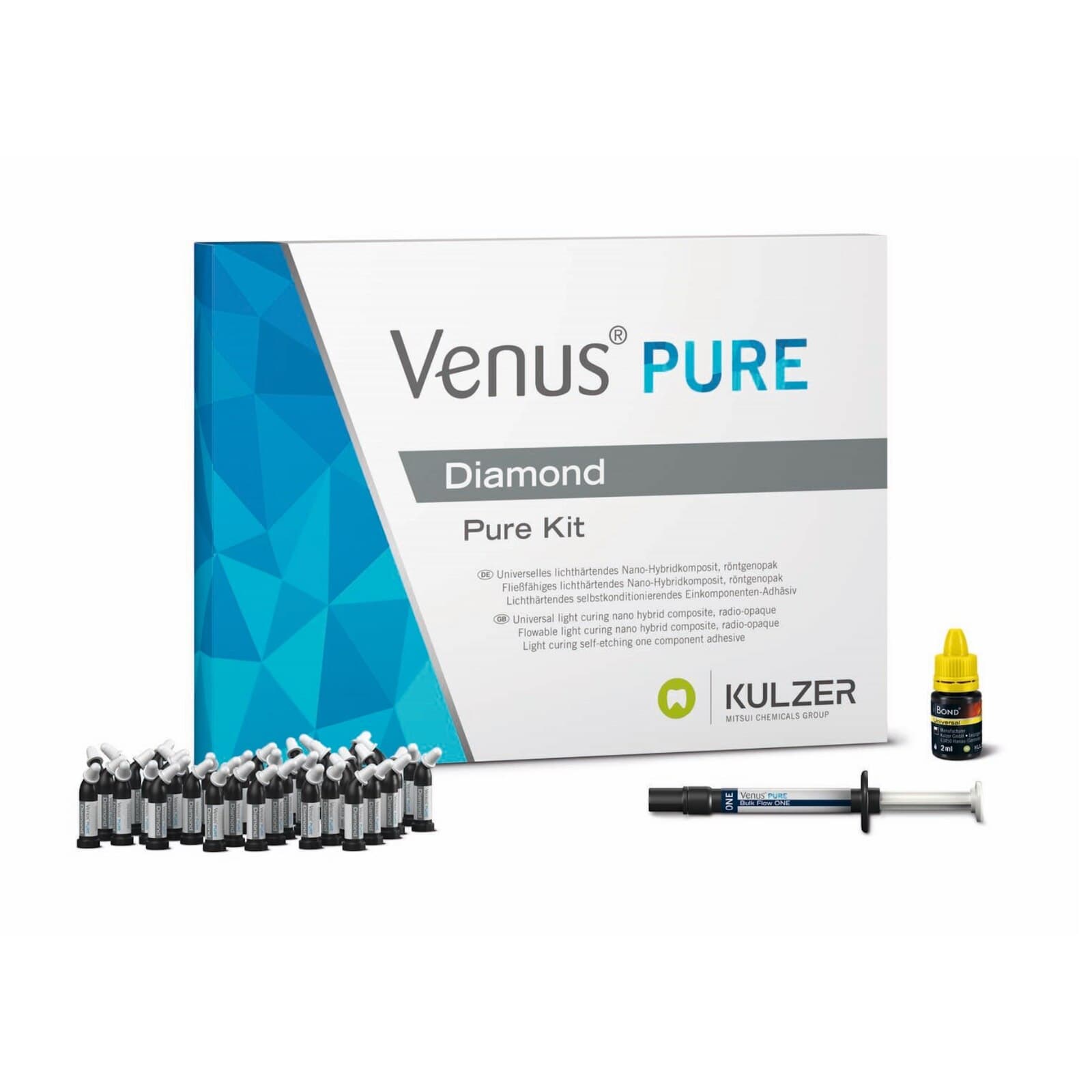 Venus Diamond Pure PLT Introductory Kit, Universal Shades Light & Medium, 40 x 0.25g PLT, 1 x 2g Bulk Flow ONE Syringe, 1 x 2ml iBond Universal, 66098264 thumbnail 2