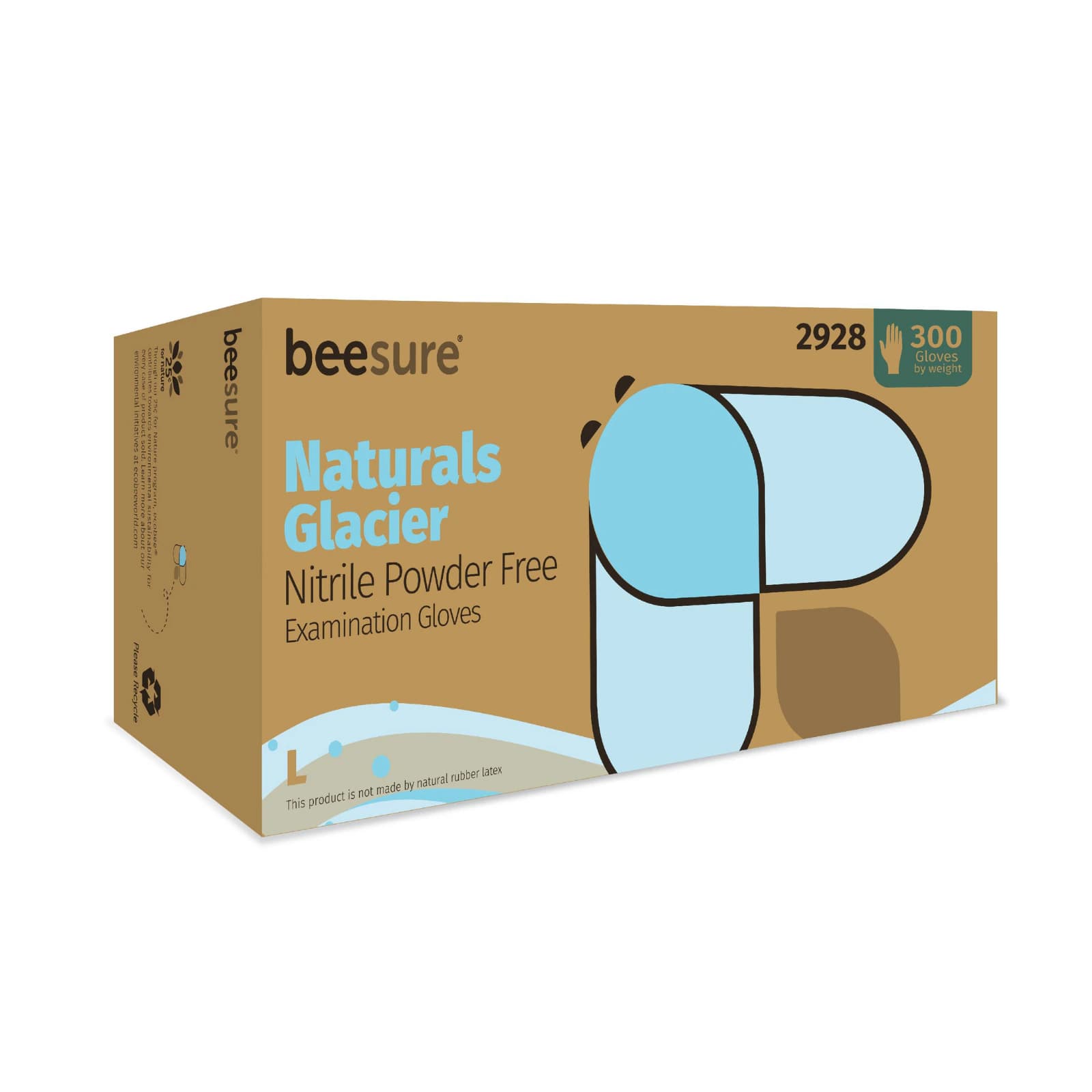 BeeSure Naturals Glacier Blue Nitrile Exam Gloves, Powder-Free, Non-Sterile, Large, 300/Box - BeeSure Glacier Blue Nitrile Gloves Large 300/Box - Image 1