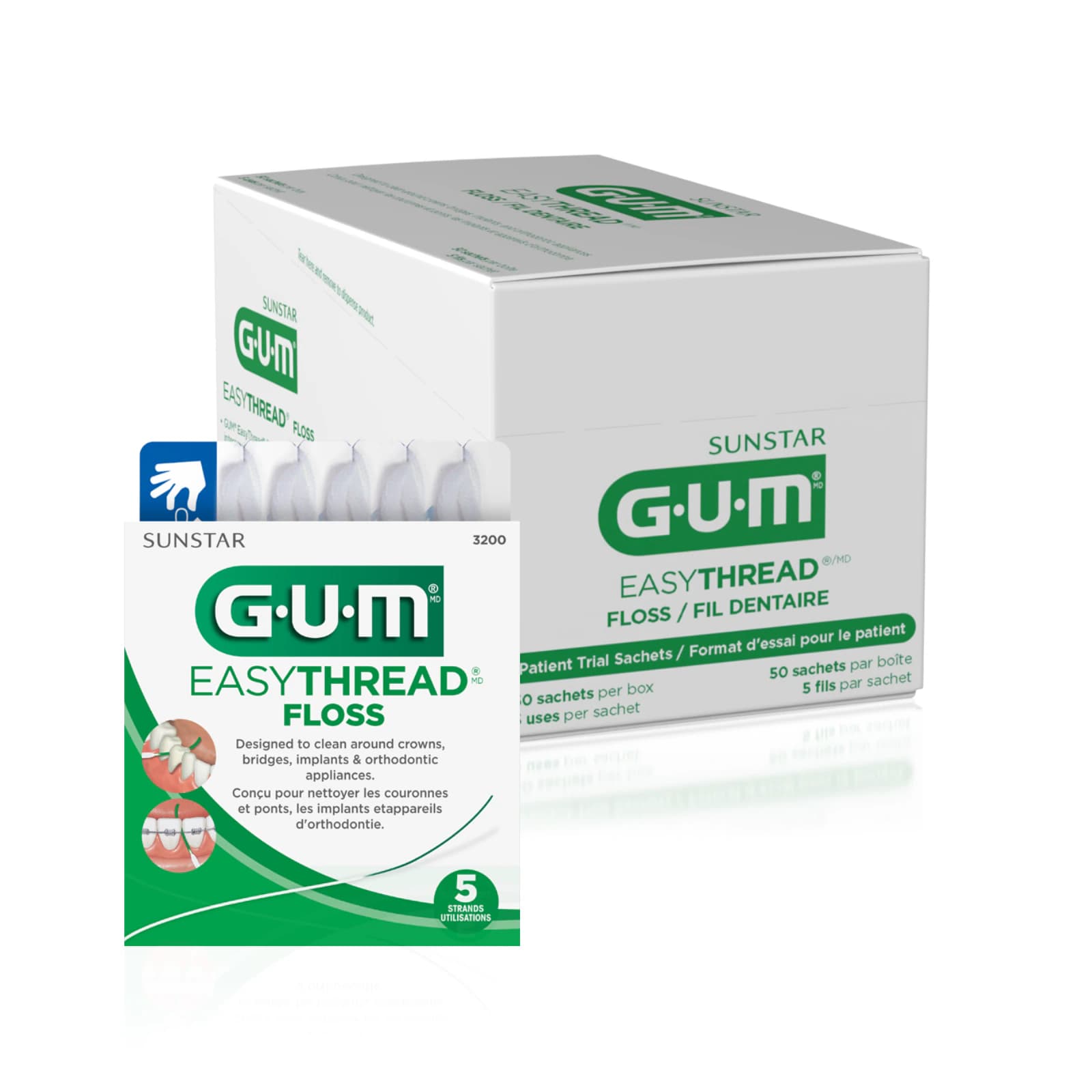 GUM EasyThread Floss, Sample Pack, 5 Pieces per Pack, 100 Packs per Case (500 Total) - Gum EasyThread Floss Sample 5/pk x 100/Cs - Image 1