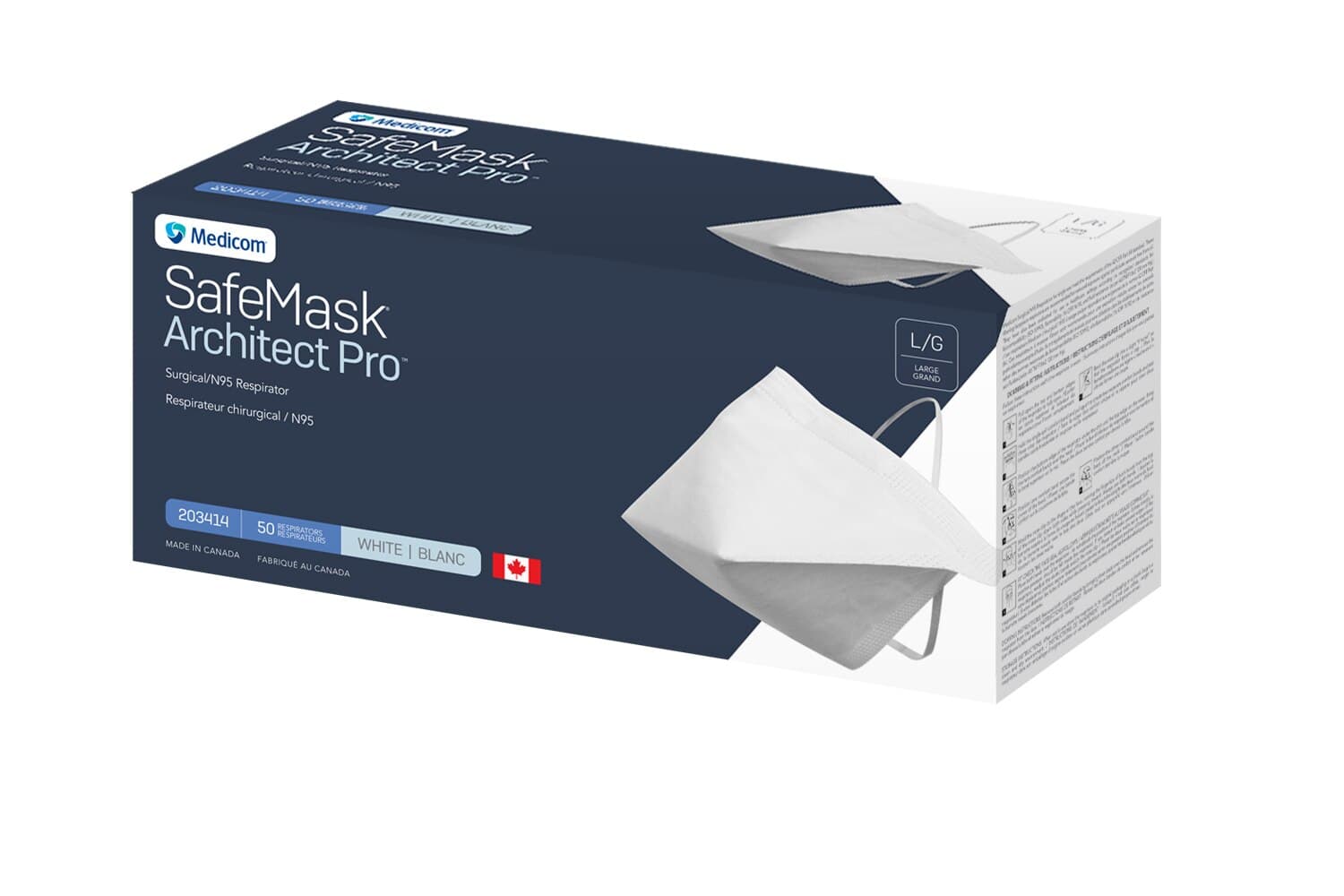 Medicom SafeMask Architect Pro N95 Surgical Respirator, Large, White, 50/Box, 203414 thumbnail 2