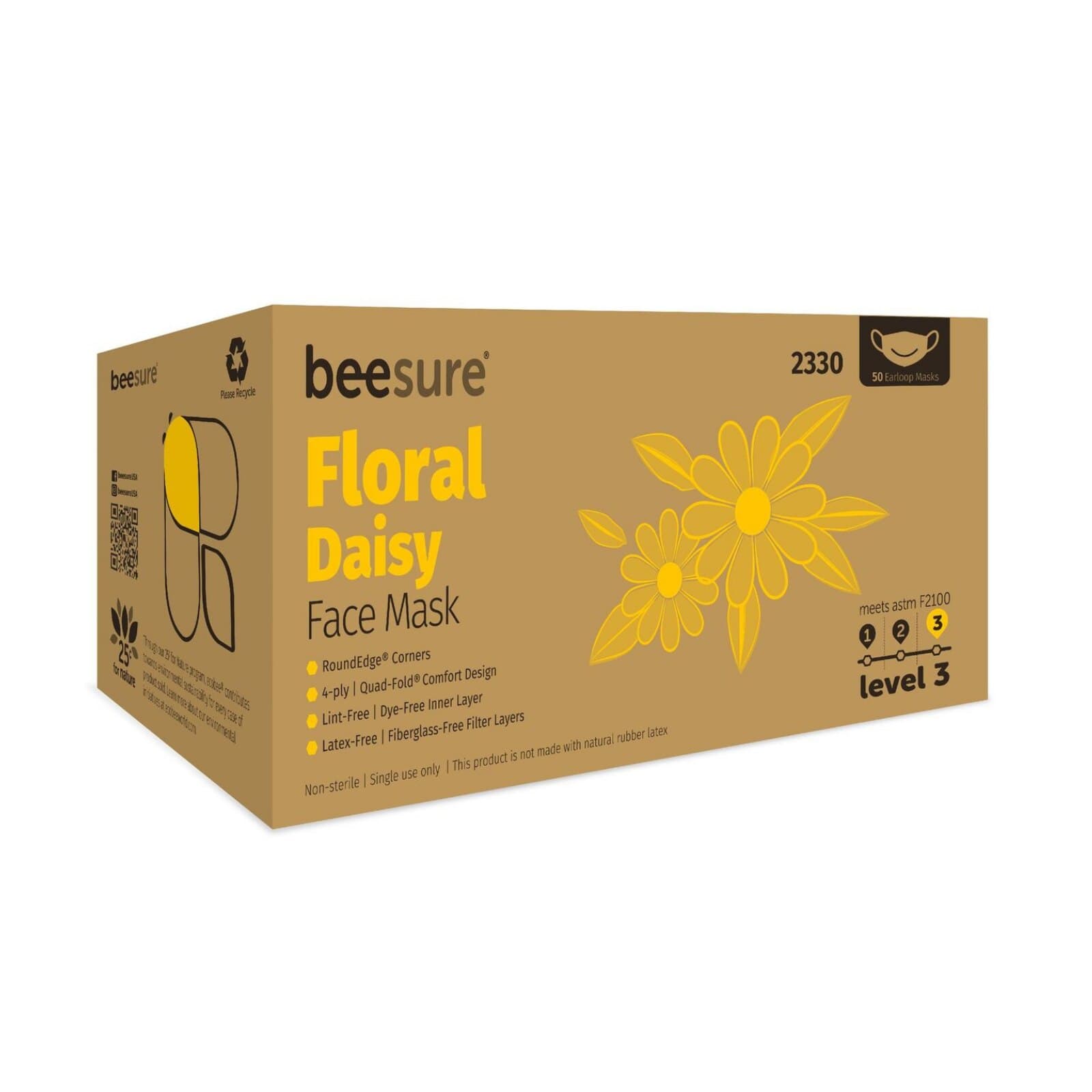 BeeSure Earloop Masks, Daisy Floral Yellow, ASTM Level 3, 50/Box thumbnail 2