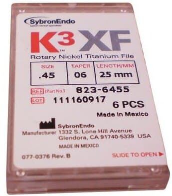 K3XF NiTi Rotary File, #45/.06 Taper, 25mm, White, 6/Pk, 823-6455 thumbnail 3