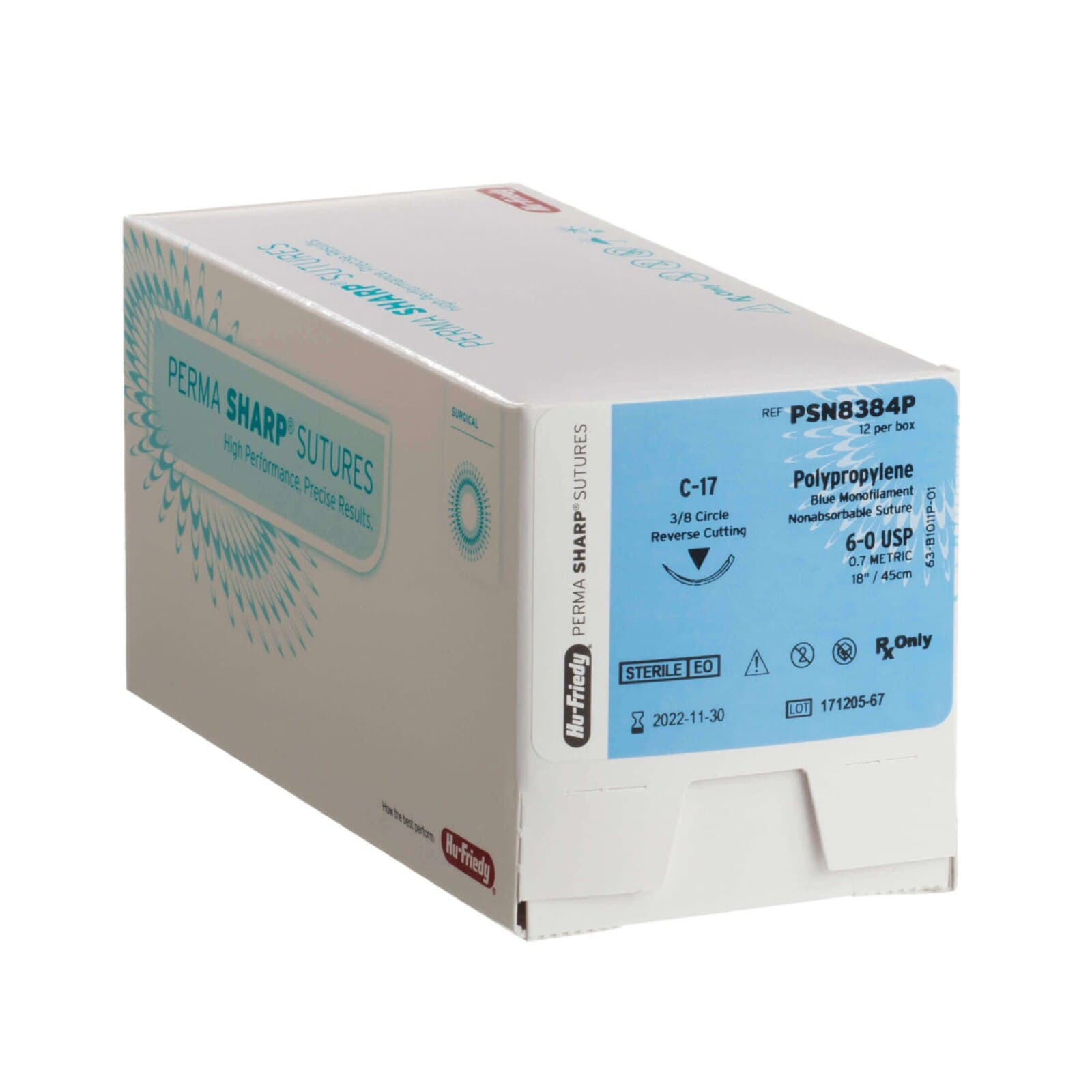 Hu-Friedy Perma Sharp Non-Absorbable Blue Polypropylene Suture, 5-0, C-22 3/8 Circle Reverse Cutting Needle, 18", 12/Box thumbnail 2