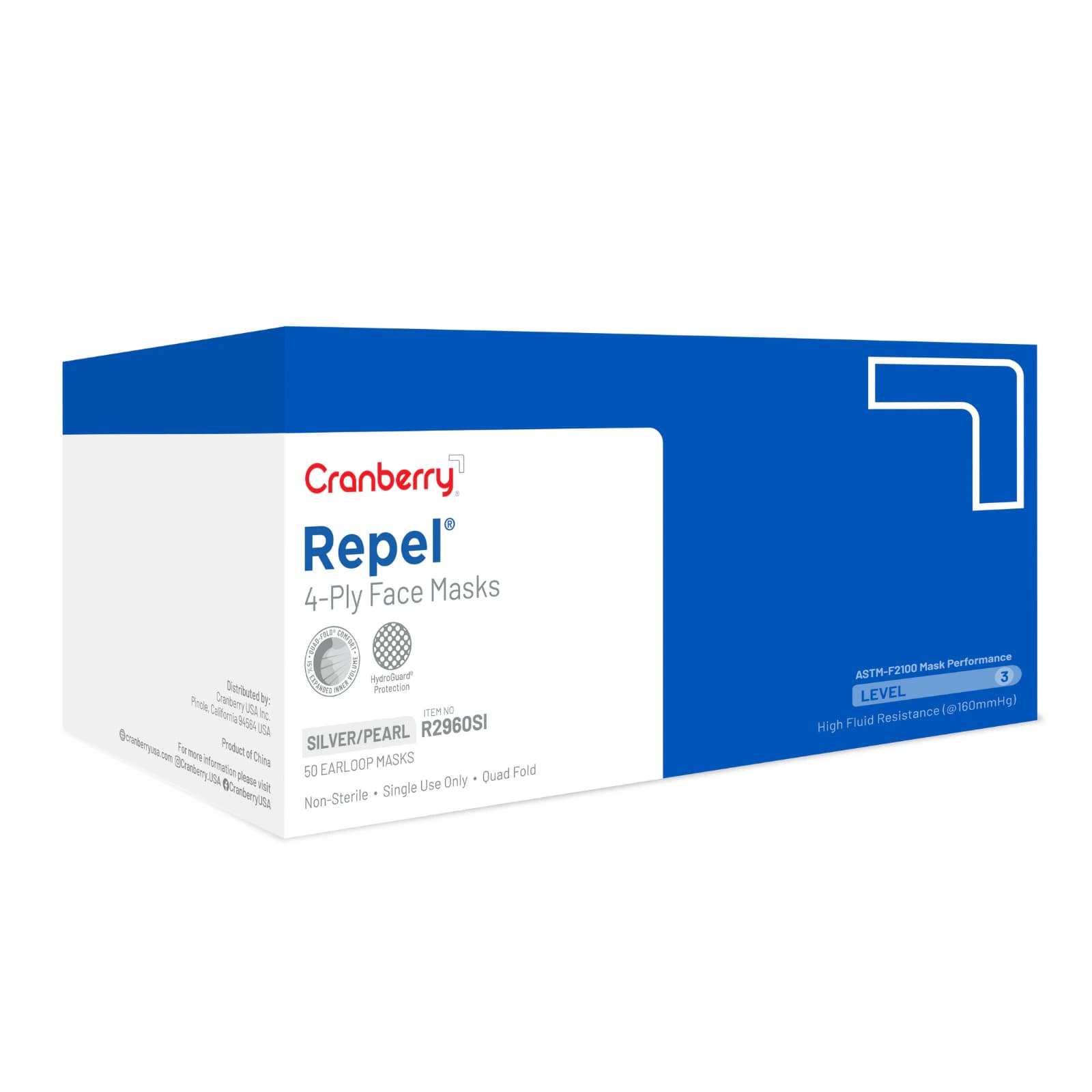 Cranberry Repel 4-Ply Earloop Procedure Face Mask, ASTM Level 3, Pearl Silver, 50/Box, R2960SI thumbnail 18