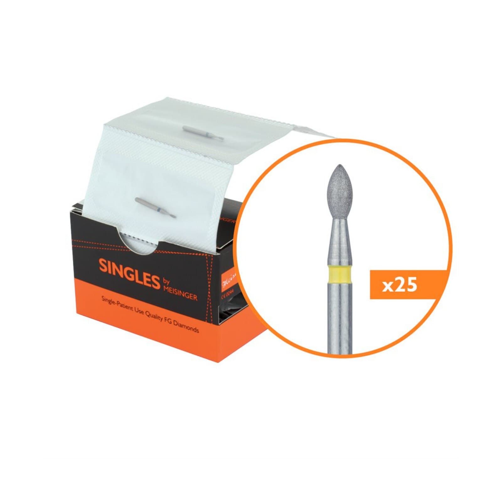 Meisinger Single-Use Sterile Diamond Bur, FG, Pointed Football, #3916VF, 1.6 mm, Extra Fine, Yellow, 25/Pk thumbnail 2