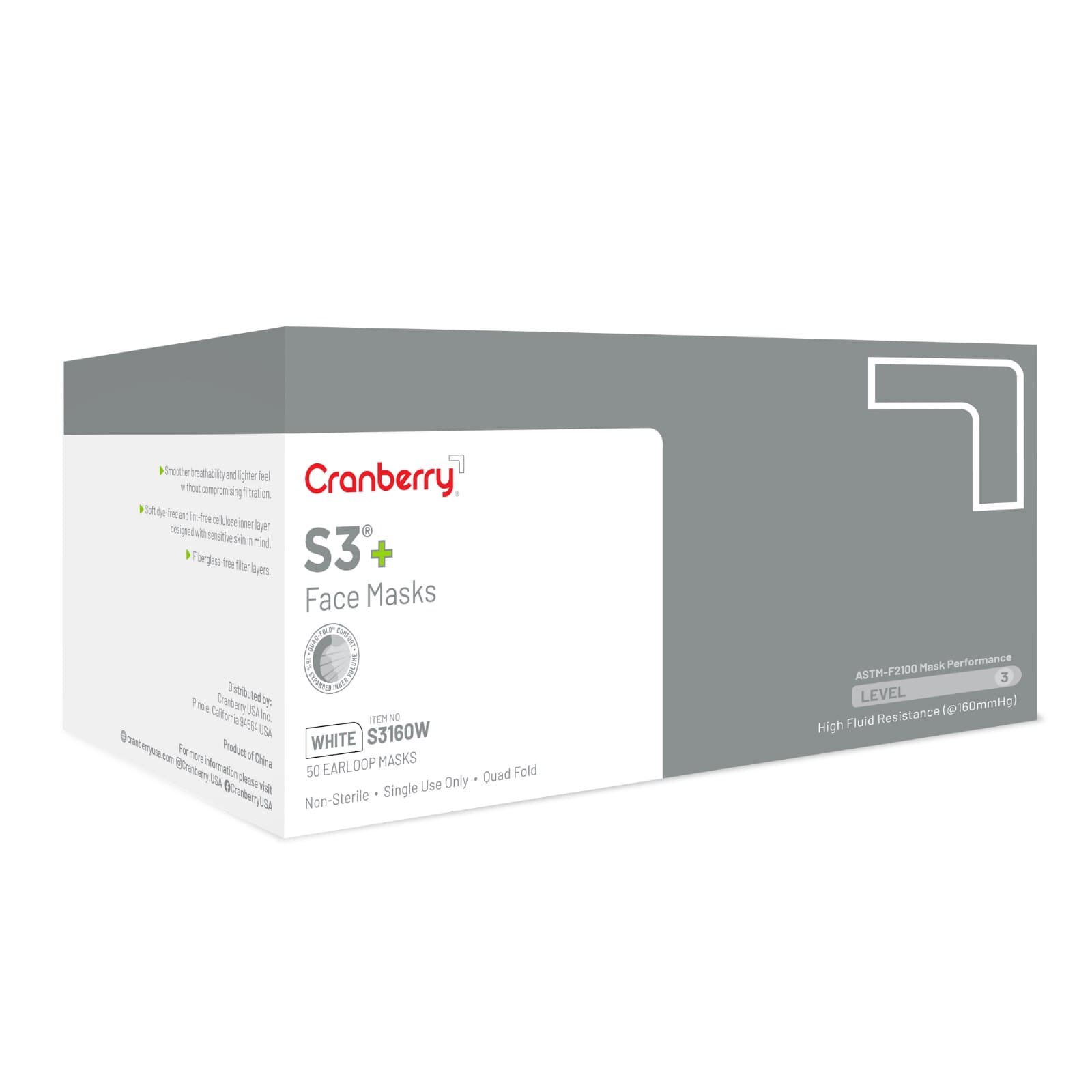 Cranberry S3+ Procedure Face Mask, ASTM Level 3, 3-Ply, Ear Loop, White, 50/Box, S3160W thumbnail 15