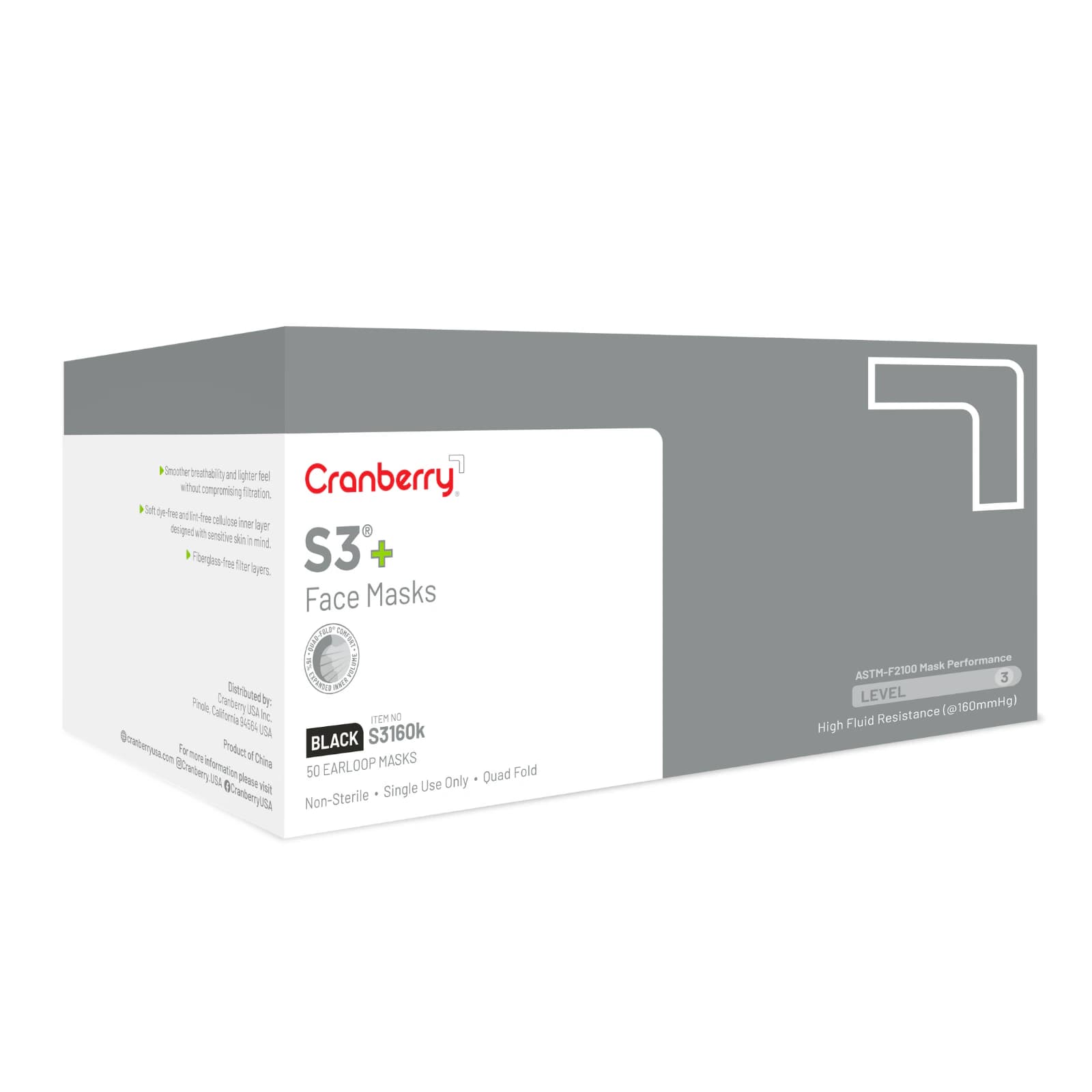 Cranberry S3+ ASTM Level 3 Procedure Face Mask, Black, Ear Loop, 50/Box, S3160K thumbnail 17