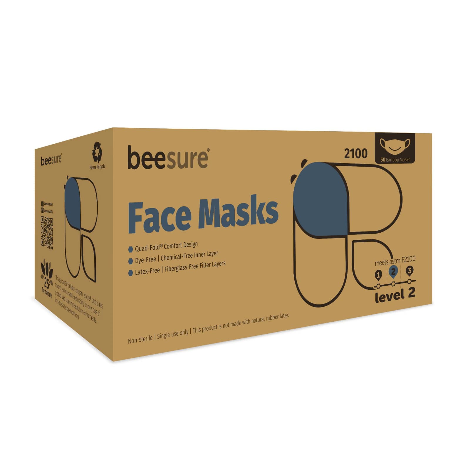 BeeSure Earloop Face Masks, Blue, ASTM Level 2, 50/Box, 8 Boxes/Case - BeeSure Earloop Masks Blue 50/Bx Case Pack 8/Cs ASTM 2 - Image 1