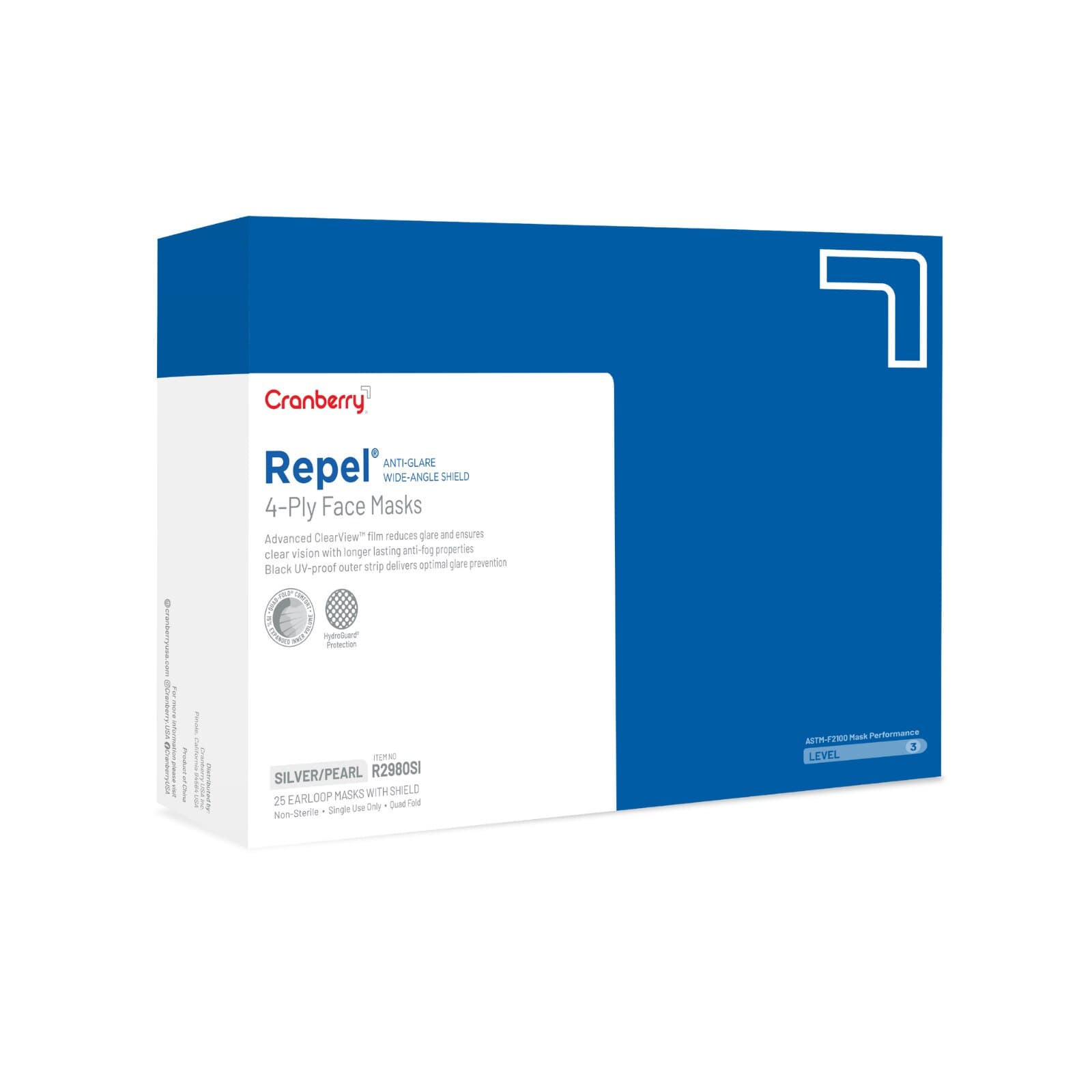 Cranberry Repel 4-Ply Anti-Glare Wide-Angle Shield Earloop Face Mask, ASTM Level 3, Silver, 25/Box, R2980SI thumbnail 9