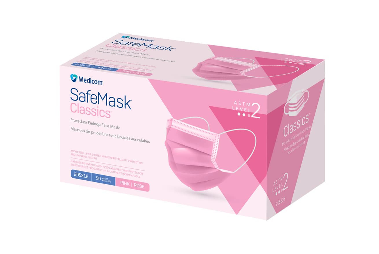 SafeMask Classics Procedure Face Mask, ASTM Level 2, Pink, Ear Loop, 50/Box, 205216 thumbnail 2