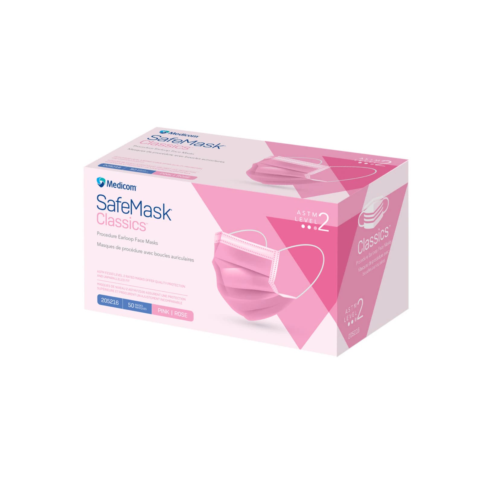 SafeMask Classics Procedure Face Mask, ASTM Level 2, Pink, Ear Loop, 50/Box, 205216 thumbnail 3