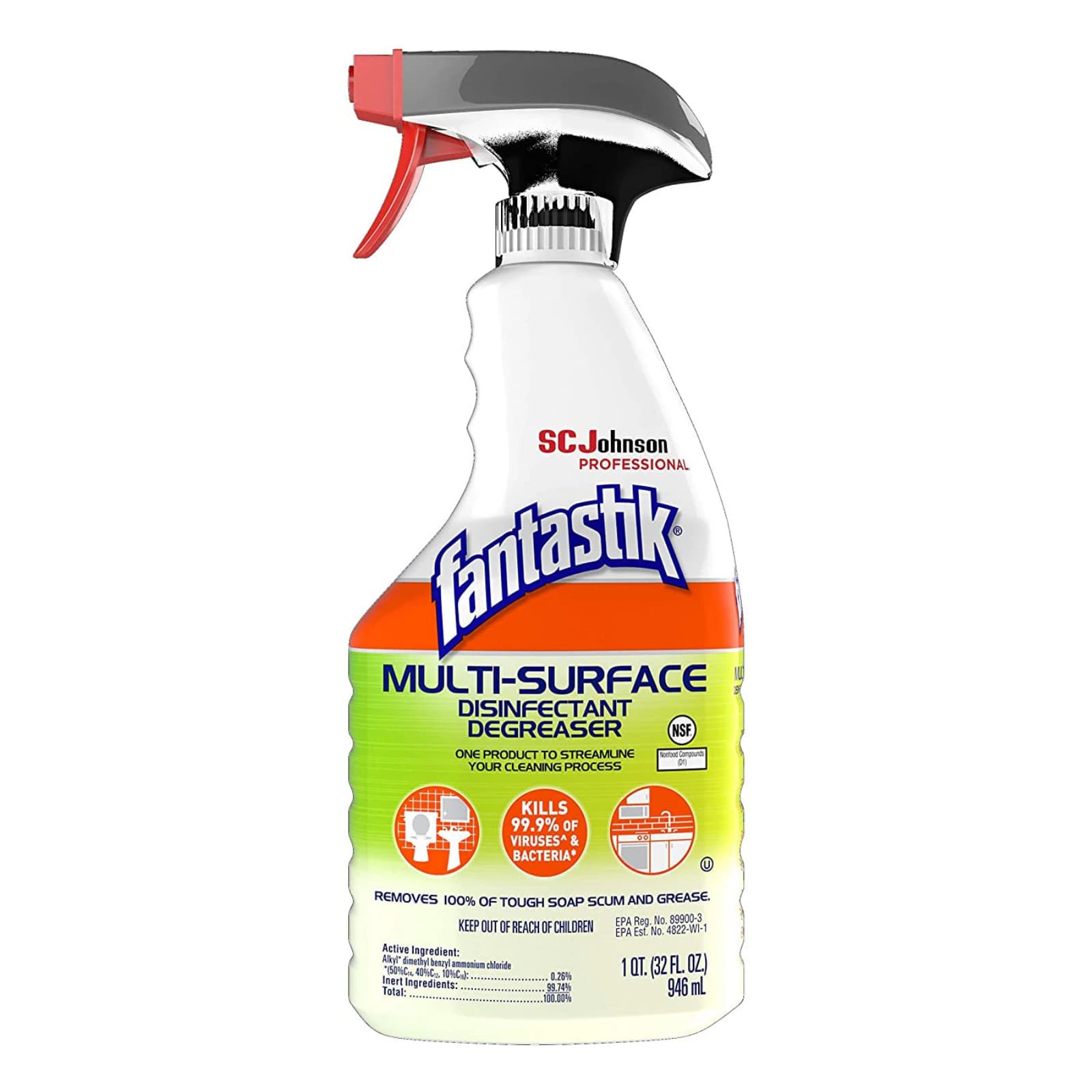 Fantastik Multi-Surface Degreaser Disinfectant Sanitizer, Fresh Scent, 32 oz Spray Bottle, 8/Case - SC JOHNSON FANTASTIK AB CS8 CLEANER FRESH 32oz - Image 1