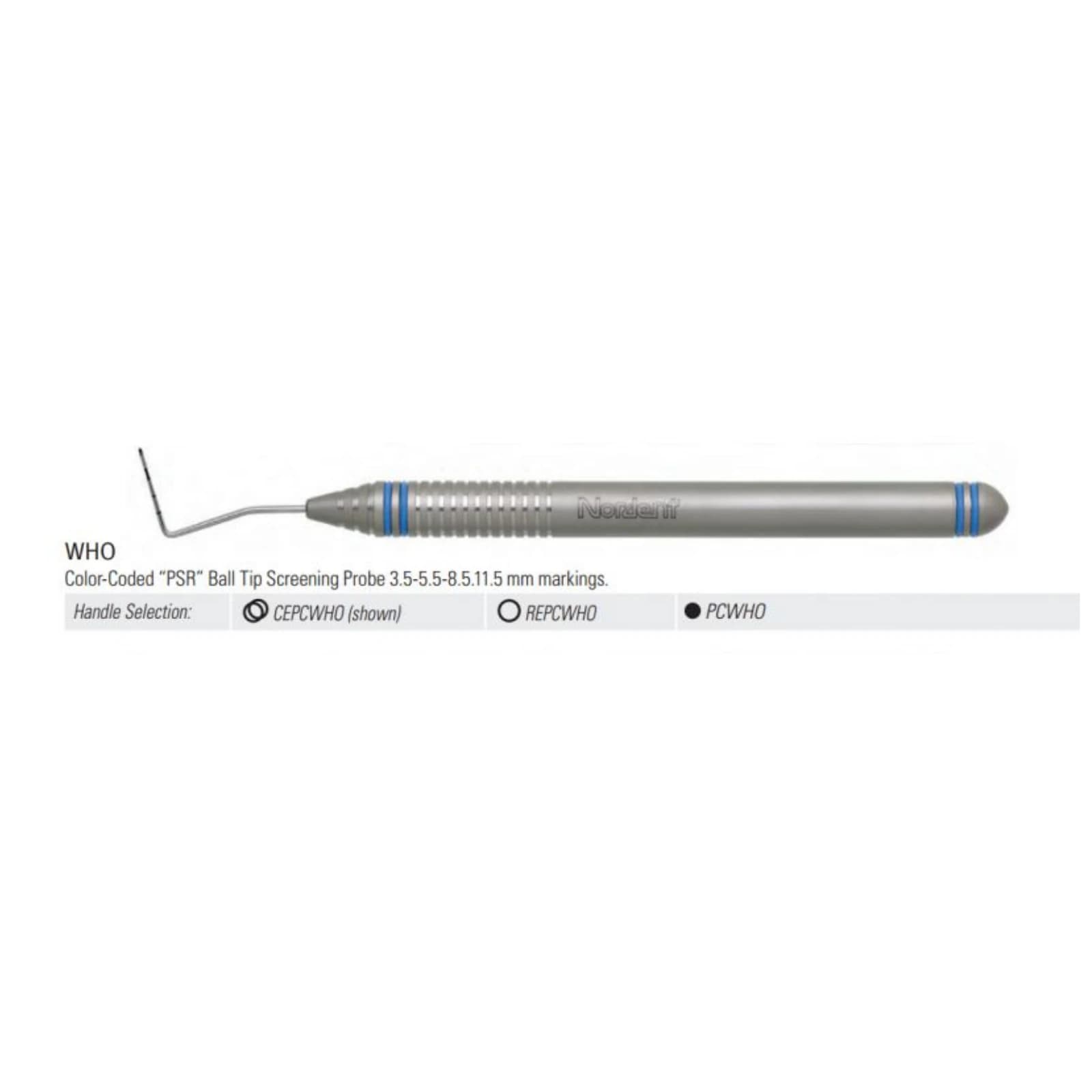 Nordent Color Coded Probes - Single-Ended - WHO Ball Tip PSR (3.5-5.5-8.5-11.5 mm) - DuraLite ColorRings - Color Coded Probes - Single-Ended - WHO Ball Tip "PSR" (3.5-5.5-8.5-11.5) - DuraLite&reg; ColorRings - Image 1