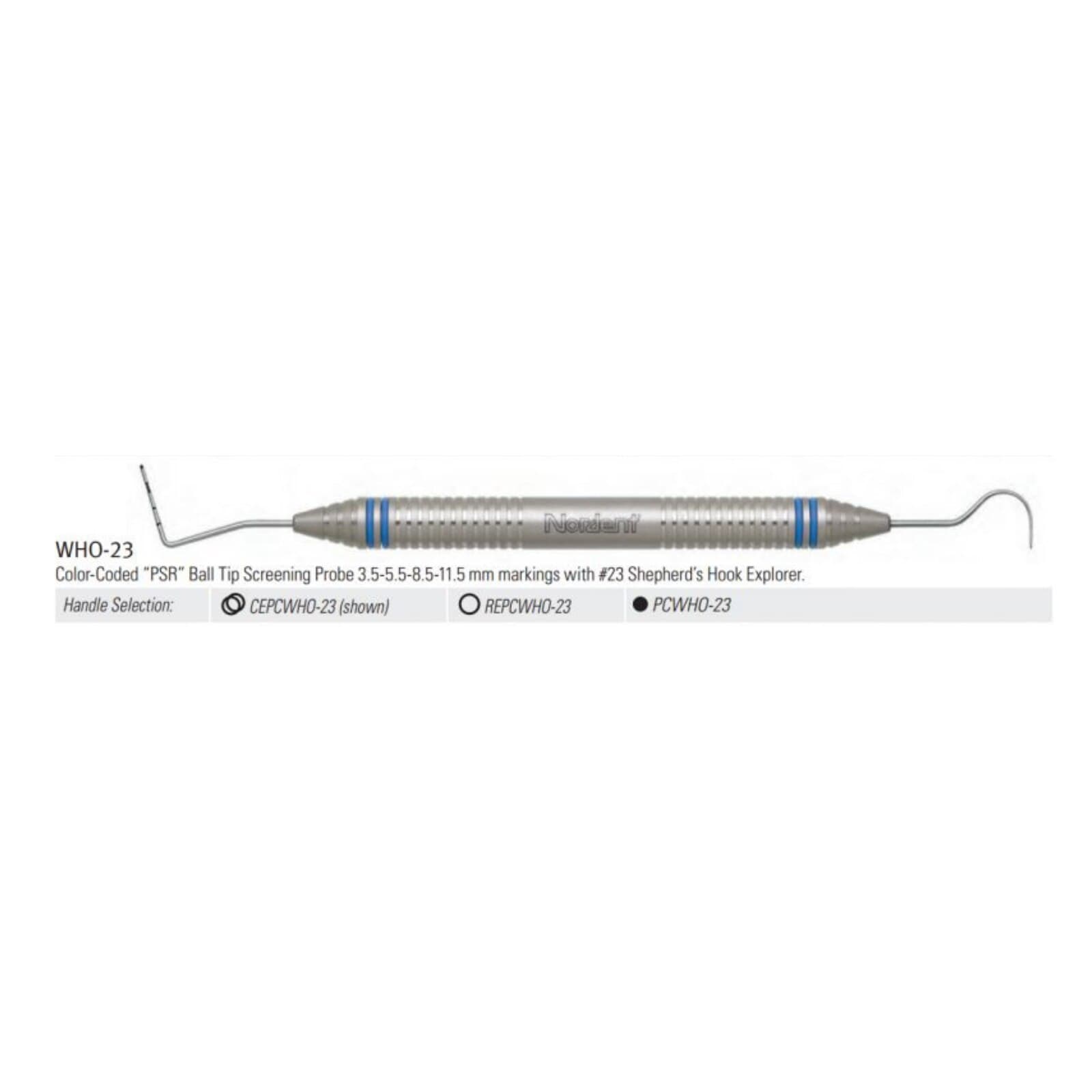 Nordent Expro #23/WHO Double-End Explorer/Probe, DuraLite ColorRings, Color-Coded PSR Ball Tip (3.5-5.5-8.5-11.5 mm) - #WHO-23 Probe Combinations Expros DuraLite ColorRings Handle Double-end - Image 1