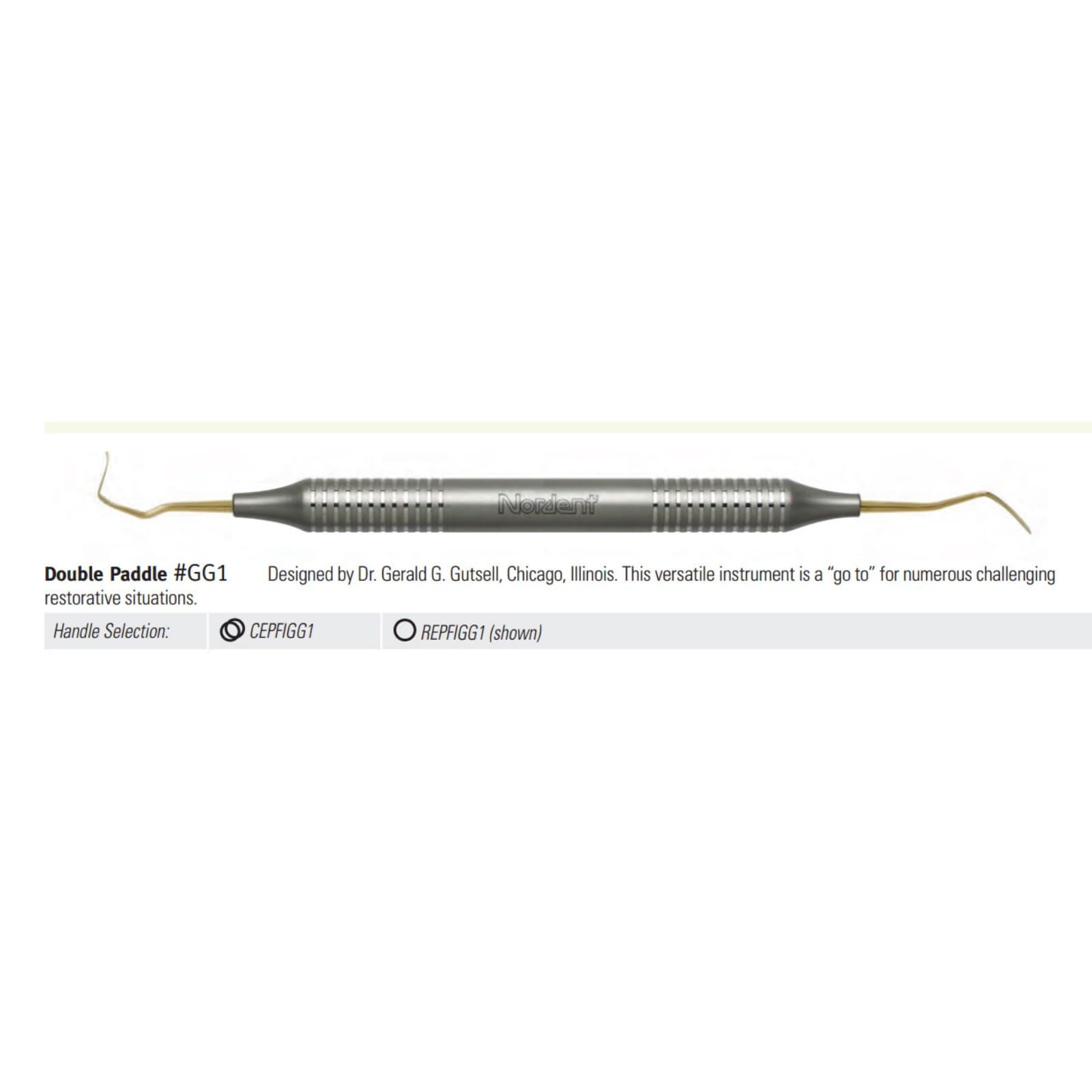Nordent Composite Placement Instrument #1 Gutsell, Double Paddle, Titanium Nitride Coated, DuraLite Round Handle, Stainless Steel, Double End thumbnail 2